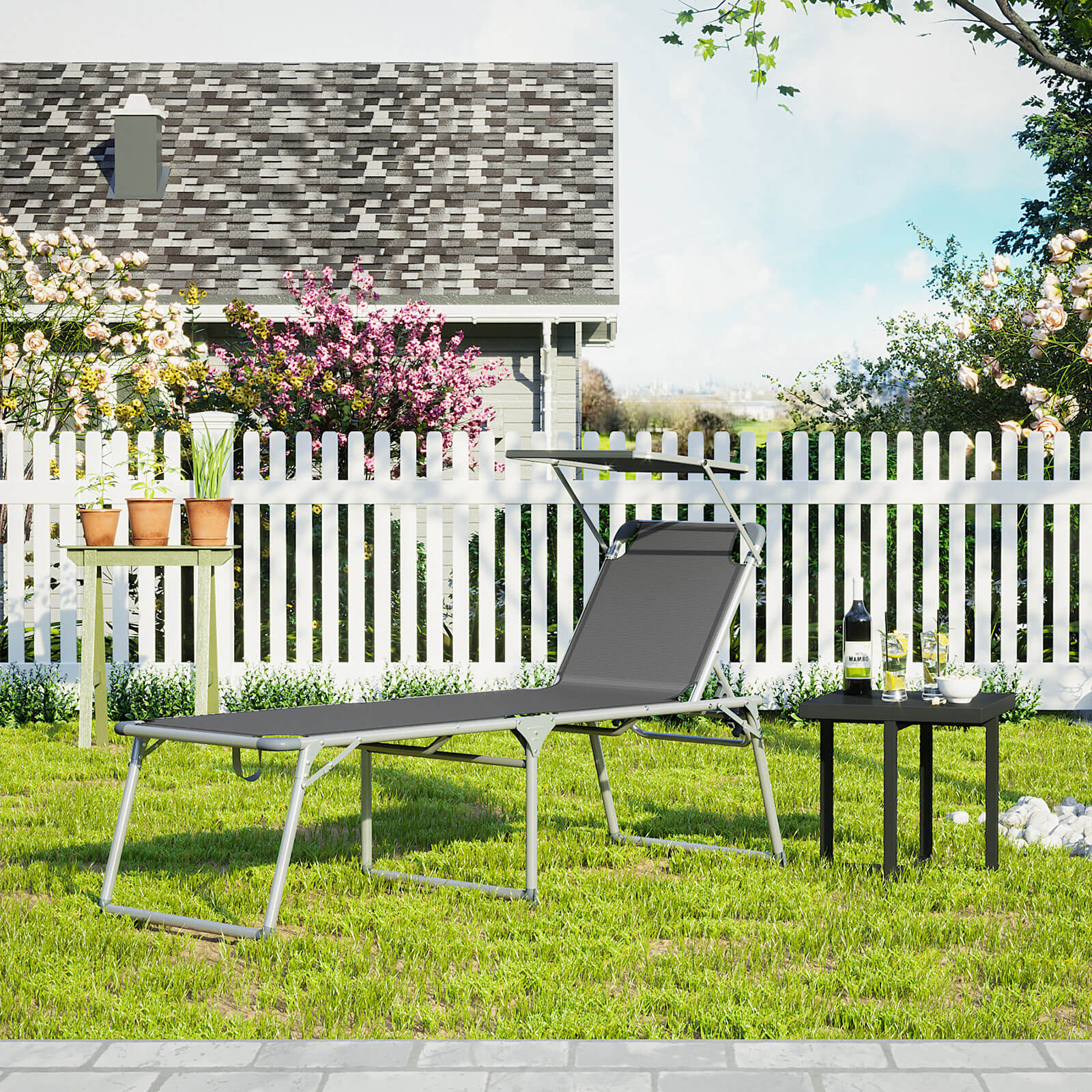 Folding Sun Lounger - Fabric - Grey - Adjustable Reclining Backrest with Sunshade