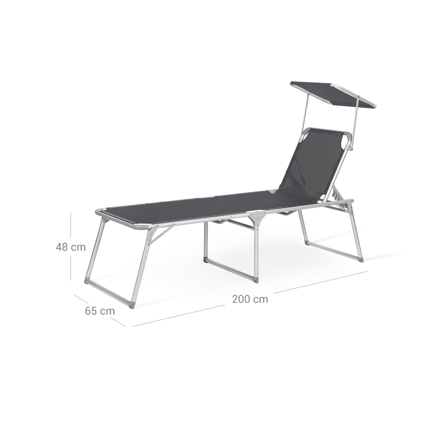 Folding Sun Lounger - Fabric - Grey - Adjustable Reclining Backrest with Sunshade