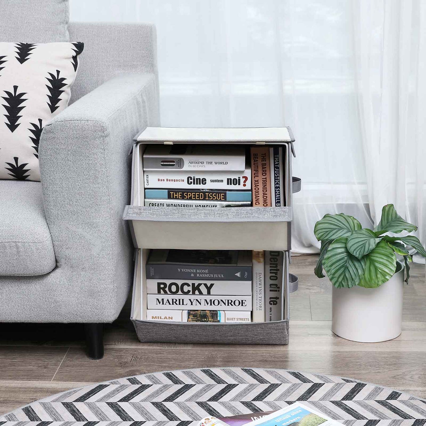 Storage Boxes - Fabric with Metal Frame - Gray - Stackable with Magnetic Hinged Lid and Side Handles