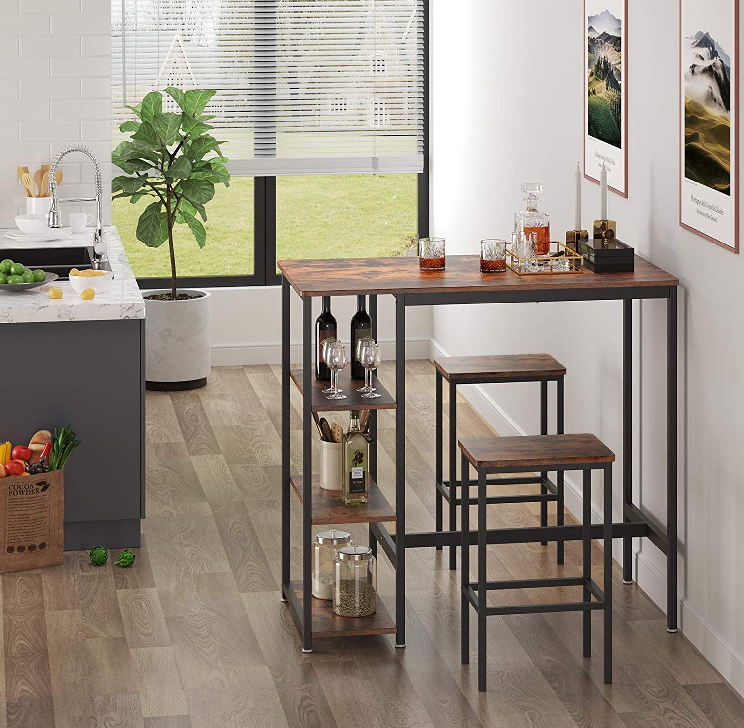 Industrial Bar Table - Iron - Rustic Brown - Stable Structure with 3 Shelves