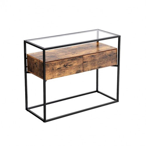 Industrial Console Table - Tempered Glass - Rustic
