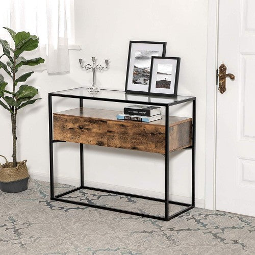 Industrial Console Table - Tempered Glass - Rustic