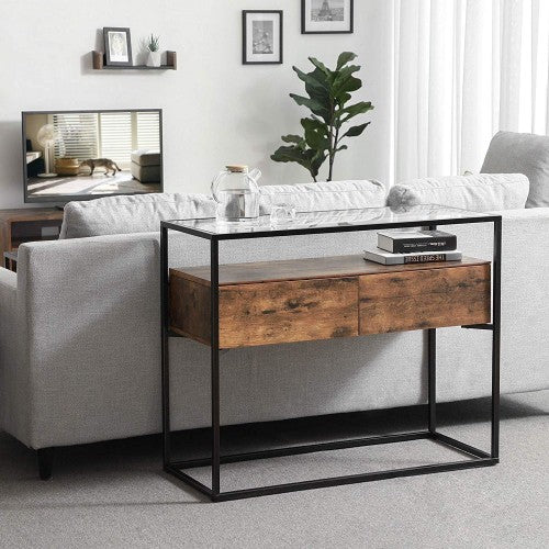 Industrial Console Table - Tempered Glass - Rustic
