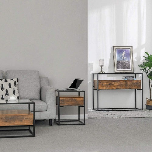 Industrial Console Table - Tempered Glass - Rustic