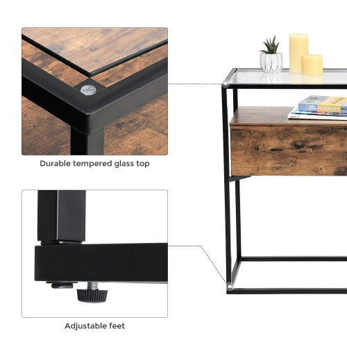 Industrial Console Table - Tempered Glass - Rustic