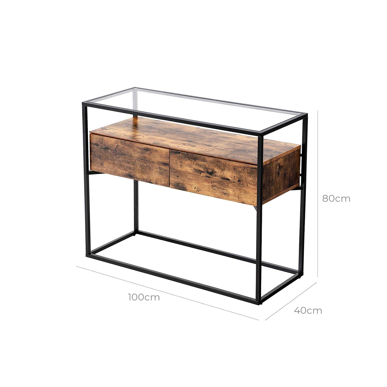 Industrial Console Table - Tempered Glass - Rustic