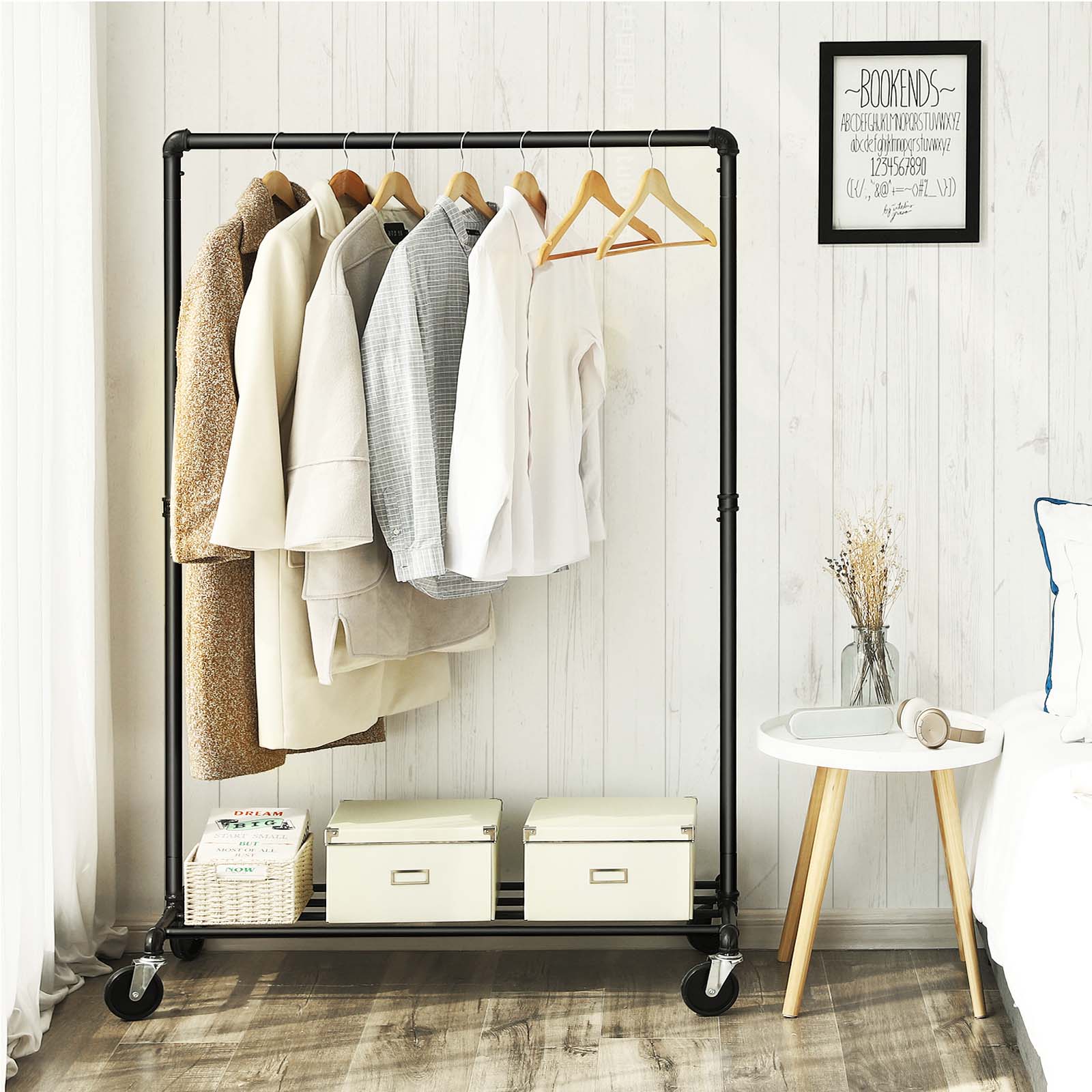 Heavy Duty Metal Clothes Rack - Holds 90 kg - Black - Mobile Design with Shelf
