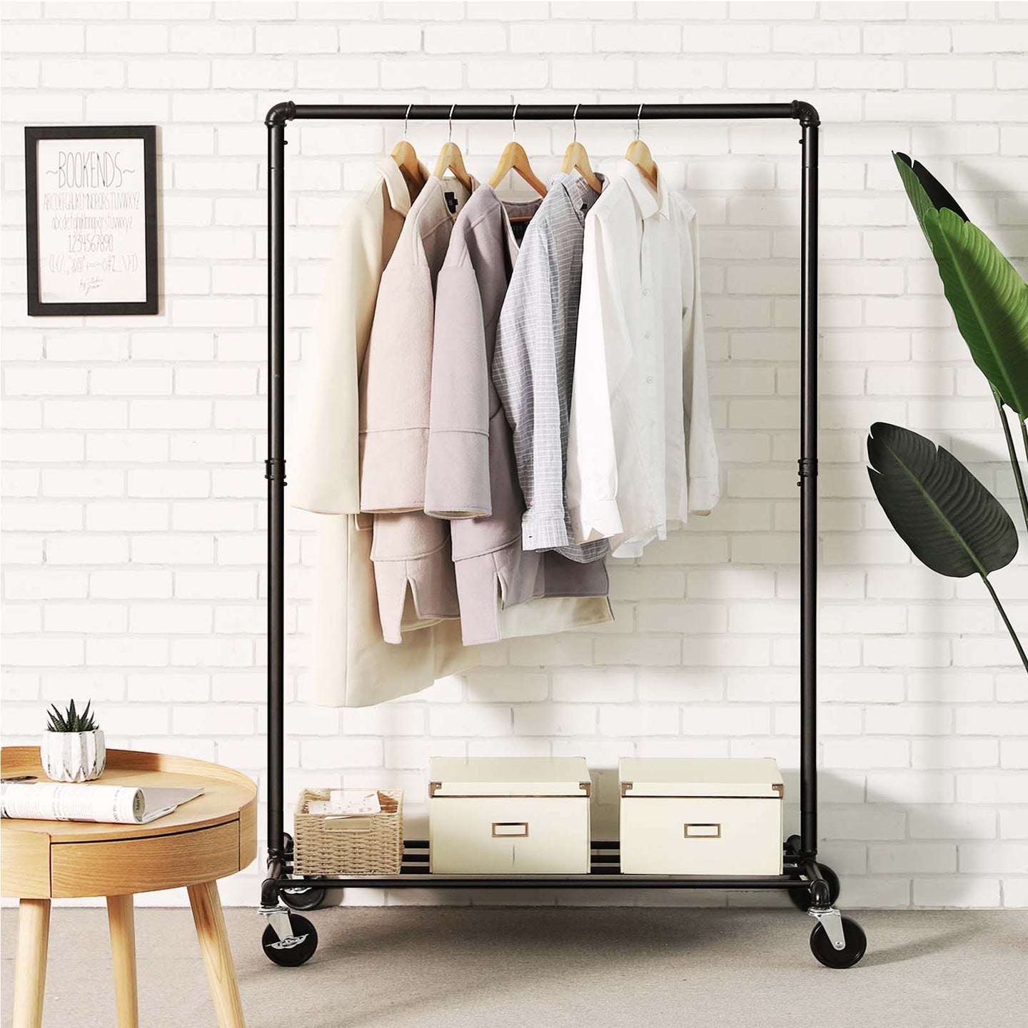 Heavy Duty Metal Clothes Rack - Holds 90 kg - Black - Mobile Design with Shelf
