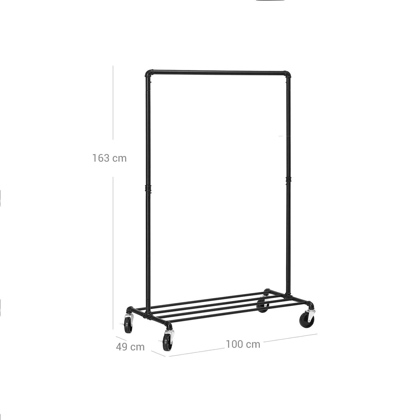 Heavy Duty Metal Clothes Rack - Holds 90 kg - Black - Mobile Design with Shelf