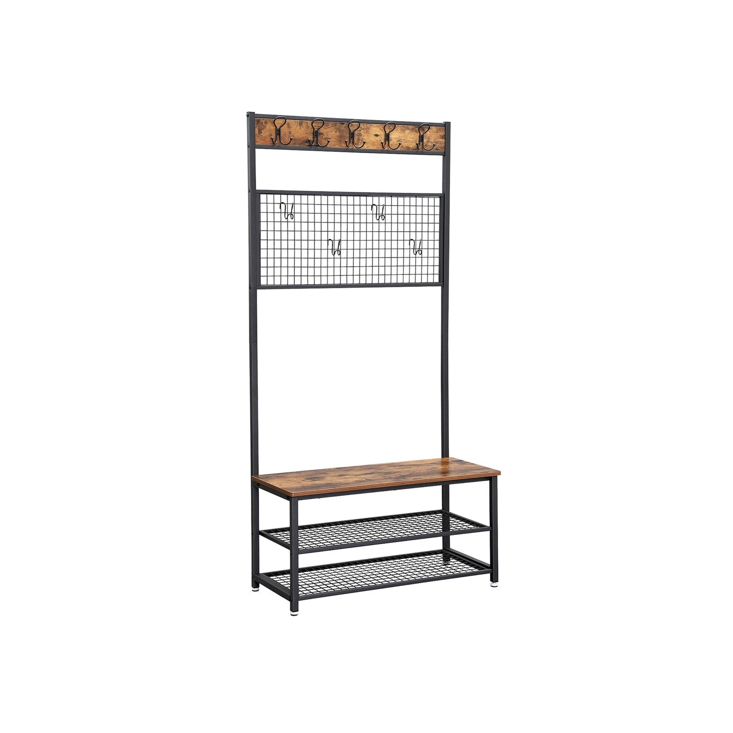 Industrial Shoe Rack Bench - Metal - Rustic Brown - With Grid Memo Board and 9 Hooks
