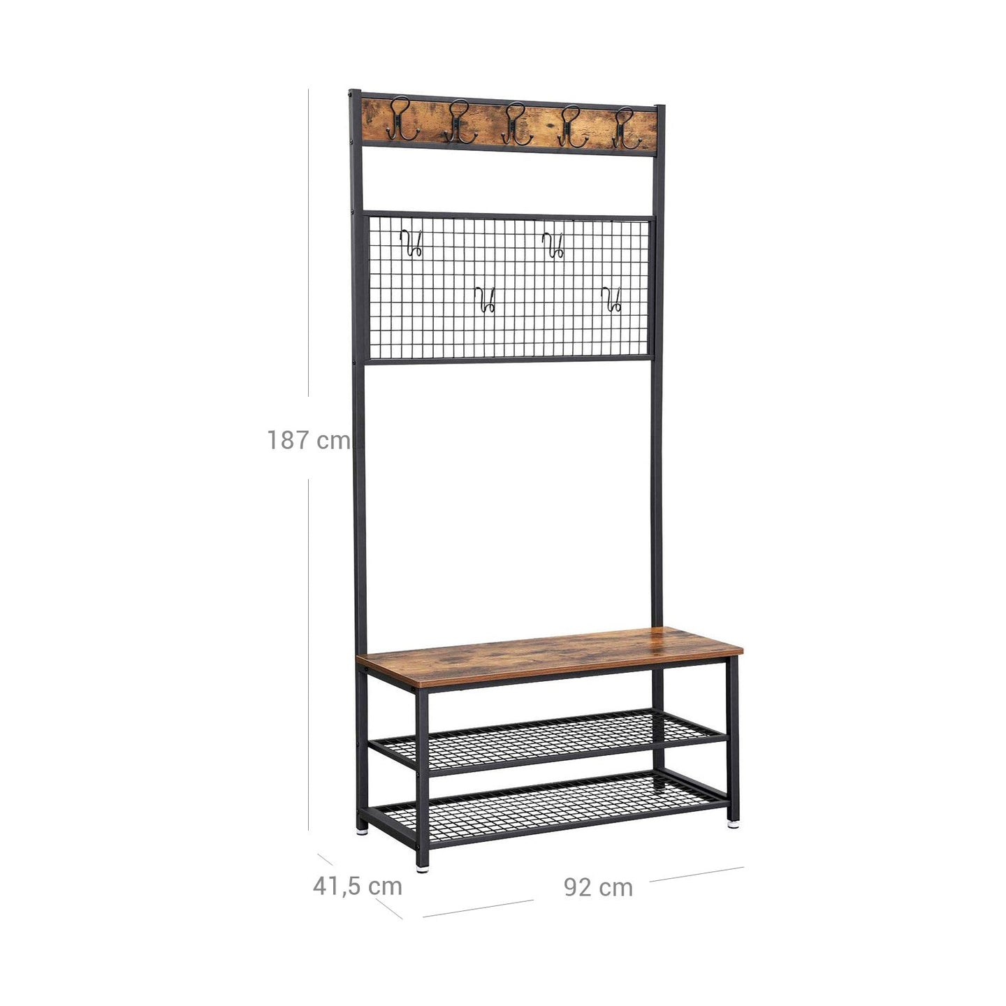 Industrial Shoe Rack Bench - Metal - Rustic Brown - With Grid Memo Board and 9 Hooks