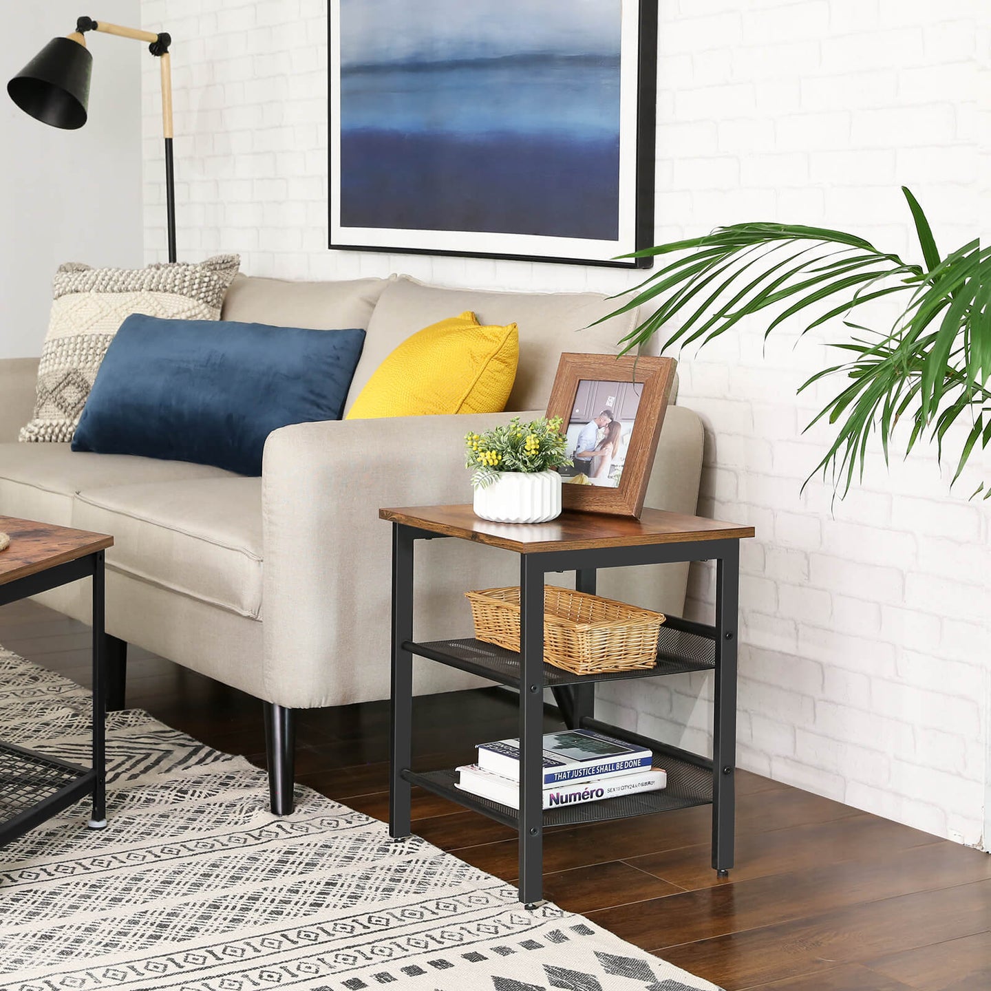 Industrial Side Table - Metal - Rustic Brown - Adjustable Mesh Shelves