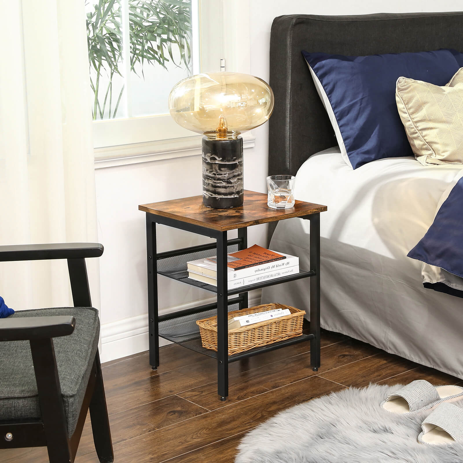 Industrial Side Table - Metal - Rustic Brown - Adjustable Mesh Shelves