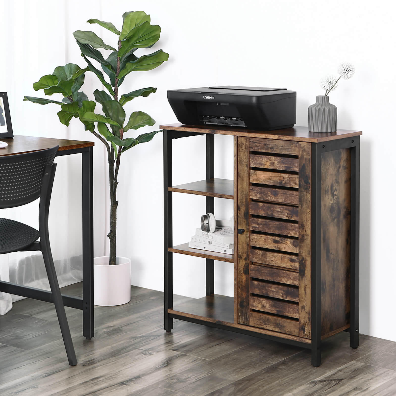 Industrial Storage Cabinet - Wood - Rustic Brown - Floor Standing with 3 Shelves and Cupboard