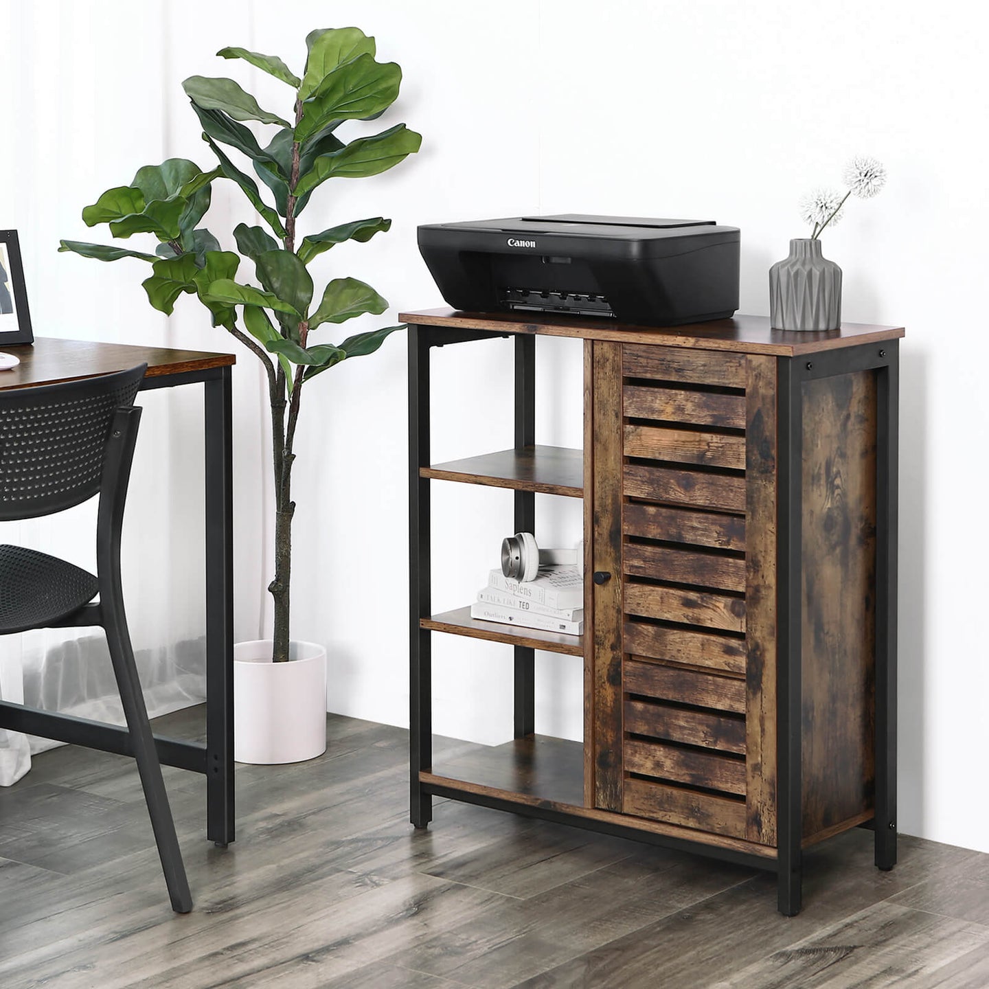Industrial Storage Cabinet - Wood - Rustic Brown - Floor Standing with 3 Shelves and Cupboard