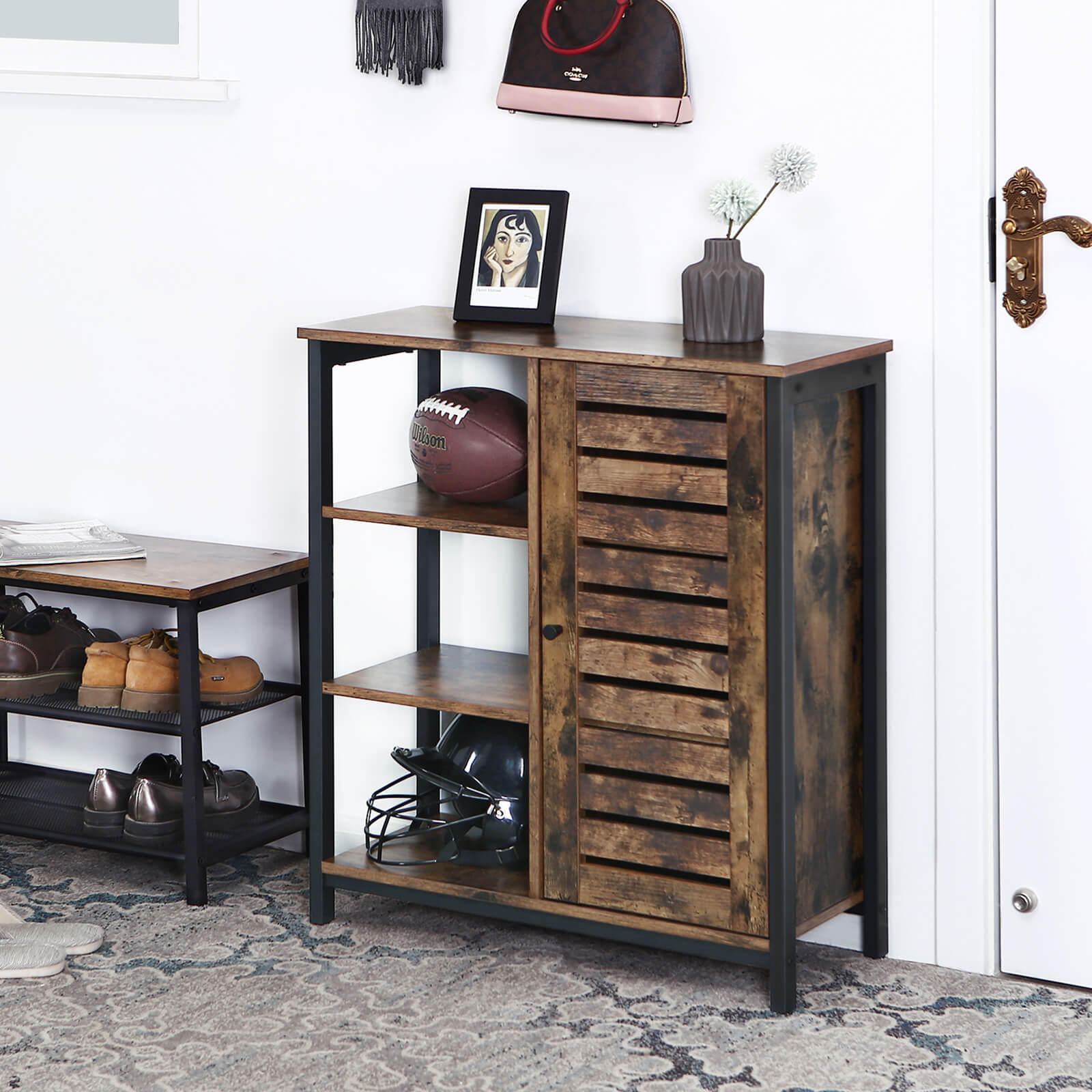 Industrial Storage Cabinet - Wood - Rustic Brown - Floor Standing with 3 Shelves and Cupboard