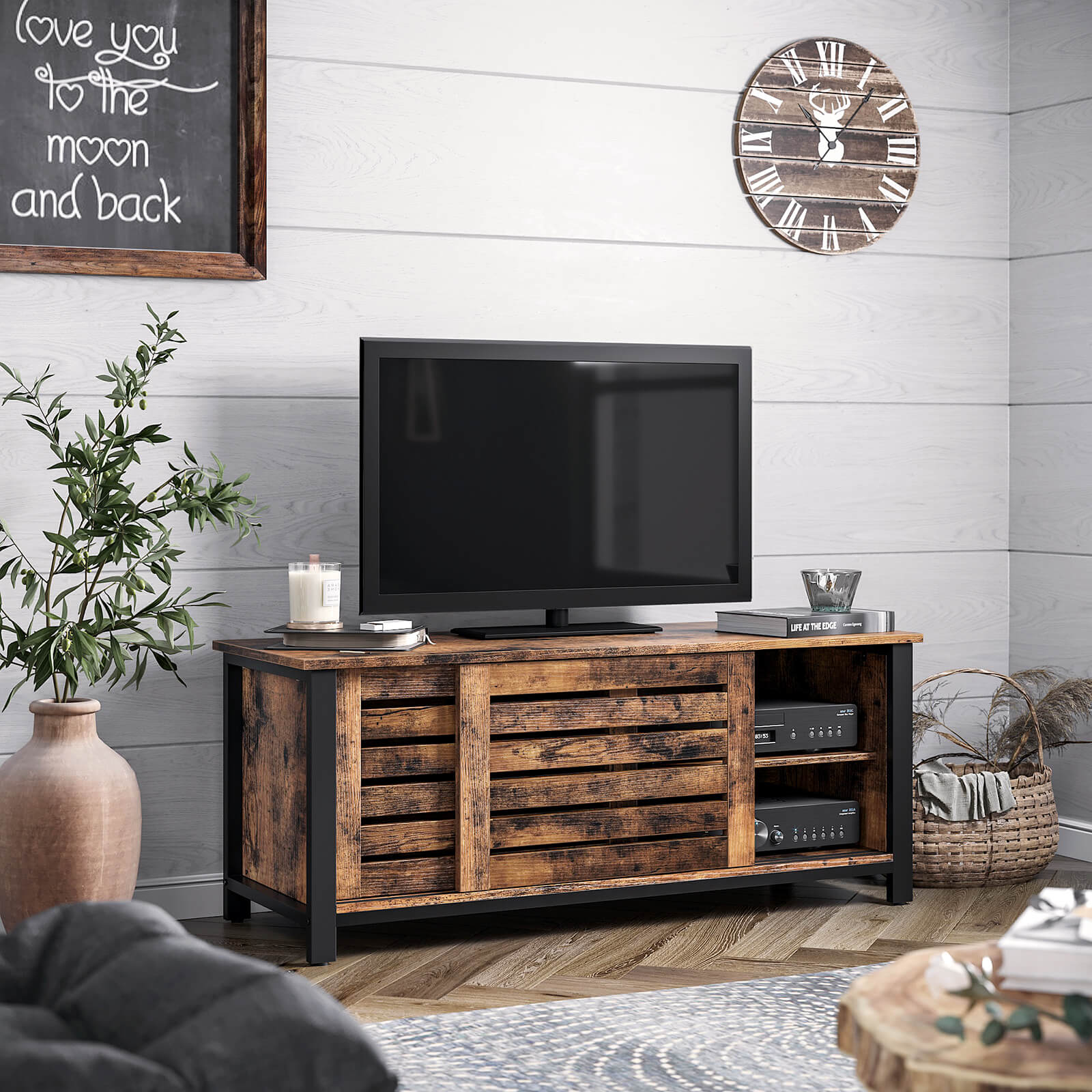 Industrial TV Media Stand - Iron - Rustic Brown - Sliding Doors and 2 Shelves
