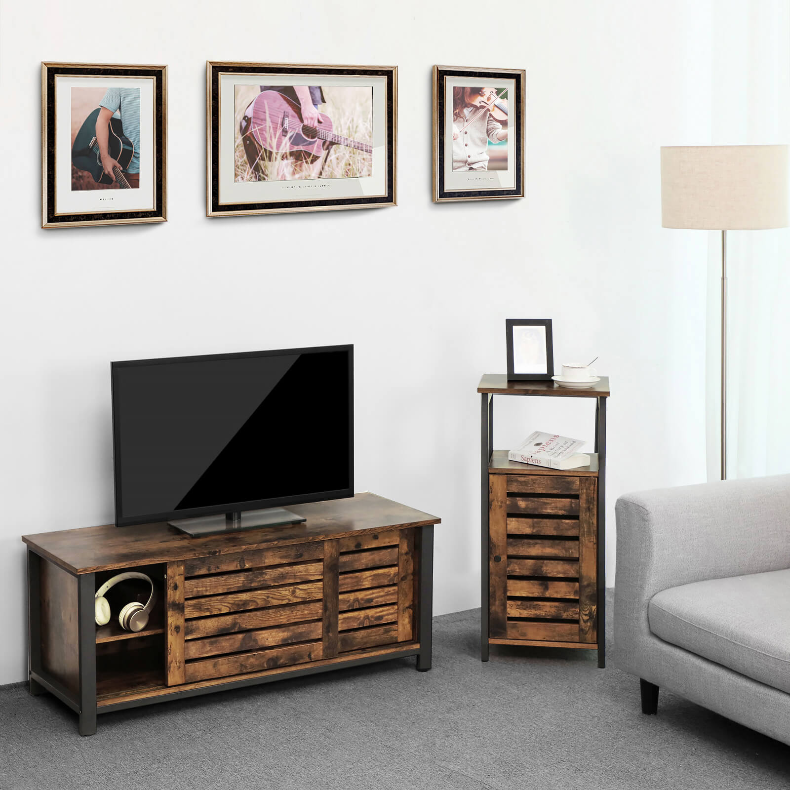 Industrial TV Media Stand - Iron - Rustic Brown - Sliding Doors and 2 Shelves