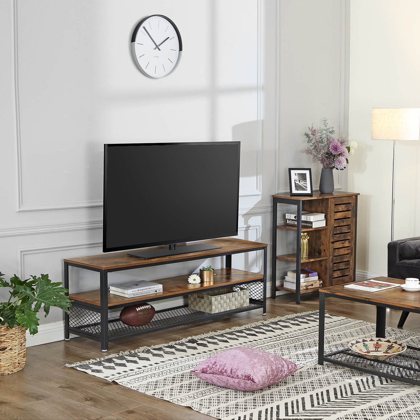 Industrial TV Stand - Wood Grain - Rustic Brown - Lengthened Design with Metal Frame