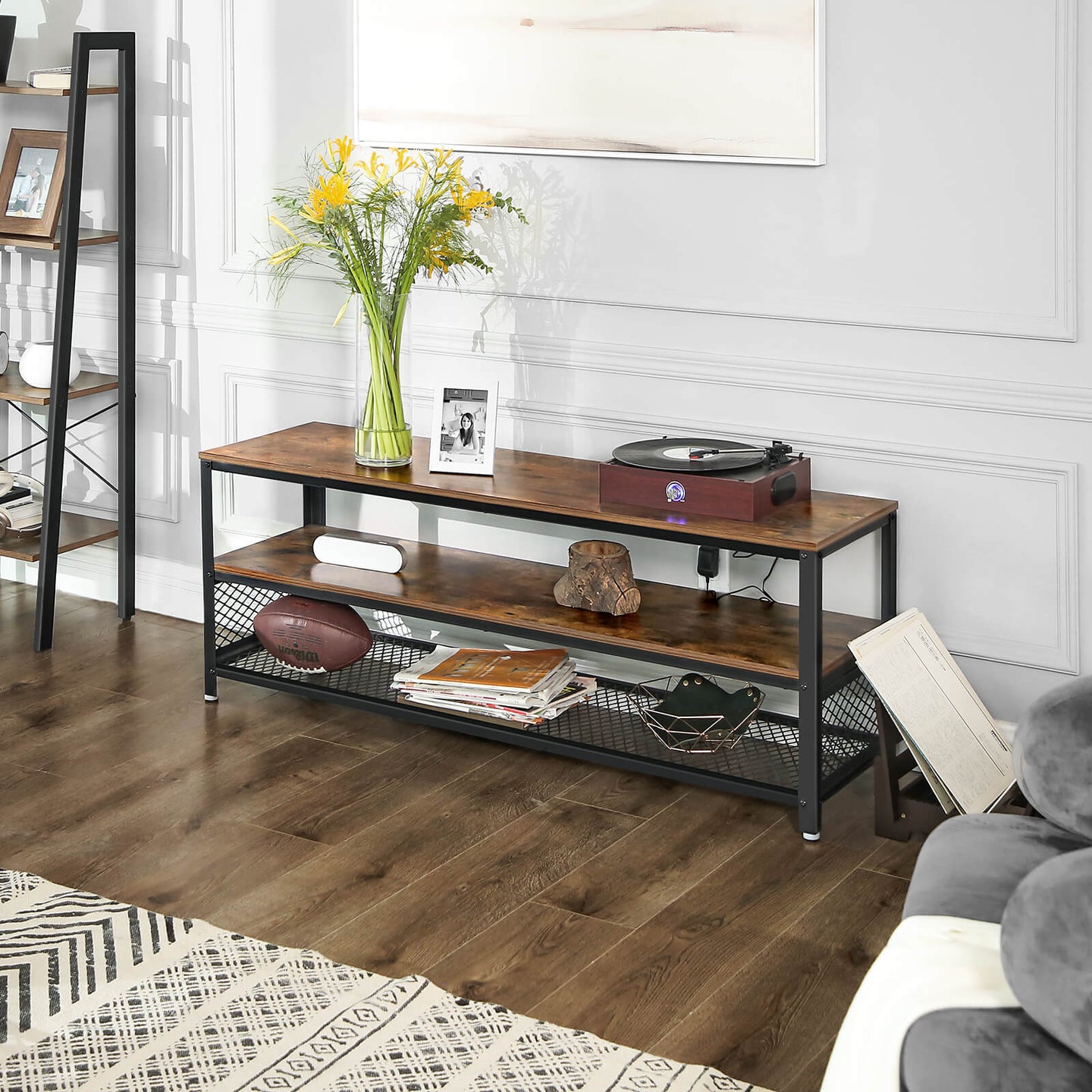 Industrial TV Stand - Wood Grain - Rustic Brown - Lengthened Design with Metal Frame