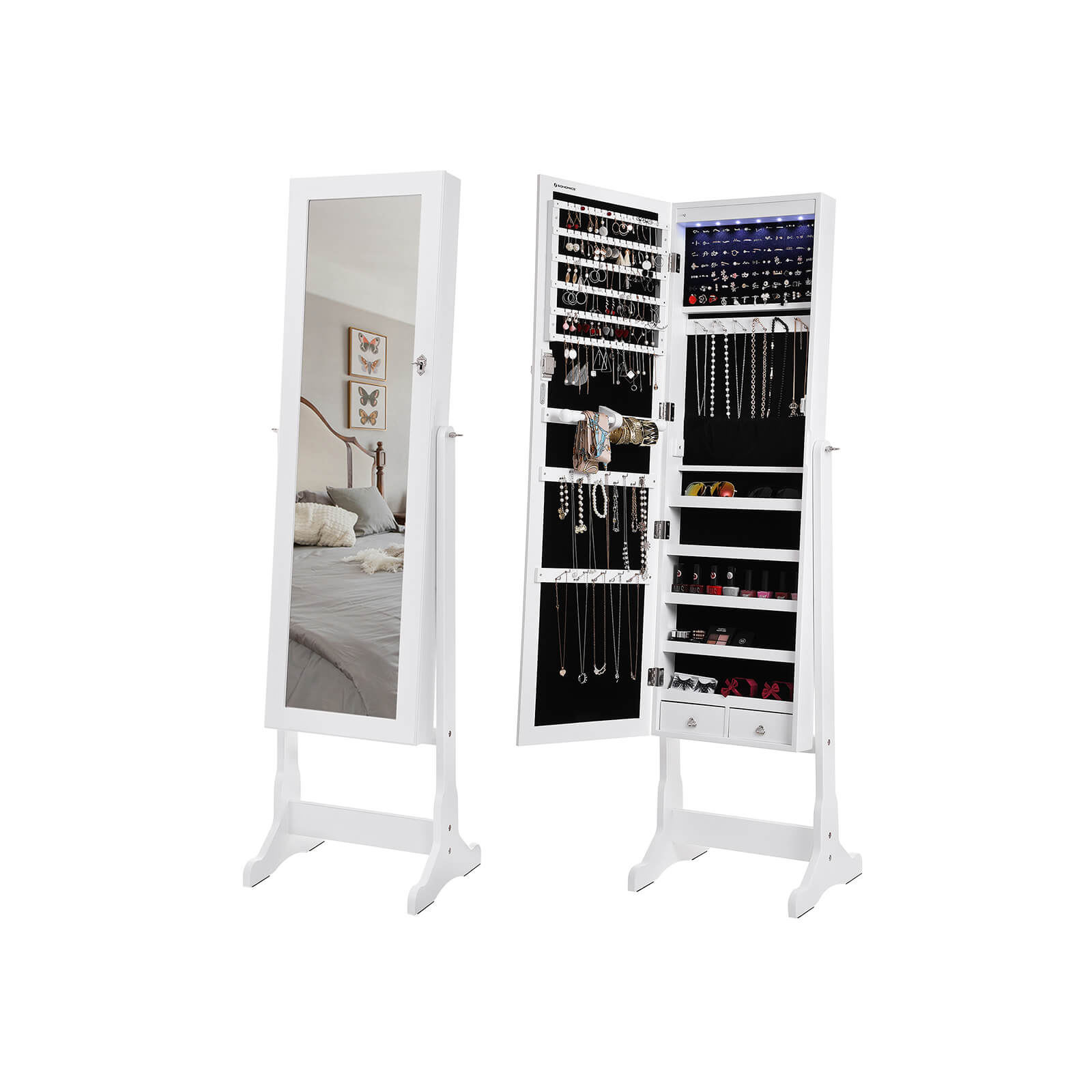 Jewellery Cabinet - Wood - White - LED Lighting with Lock and Storage Drawers