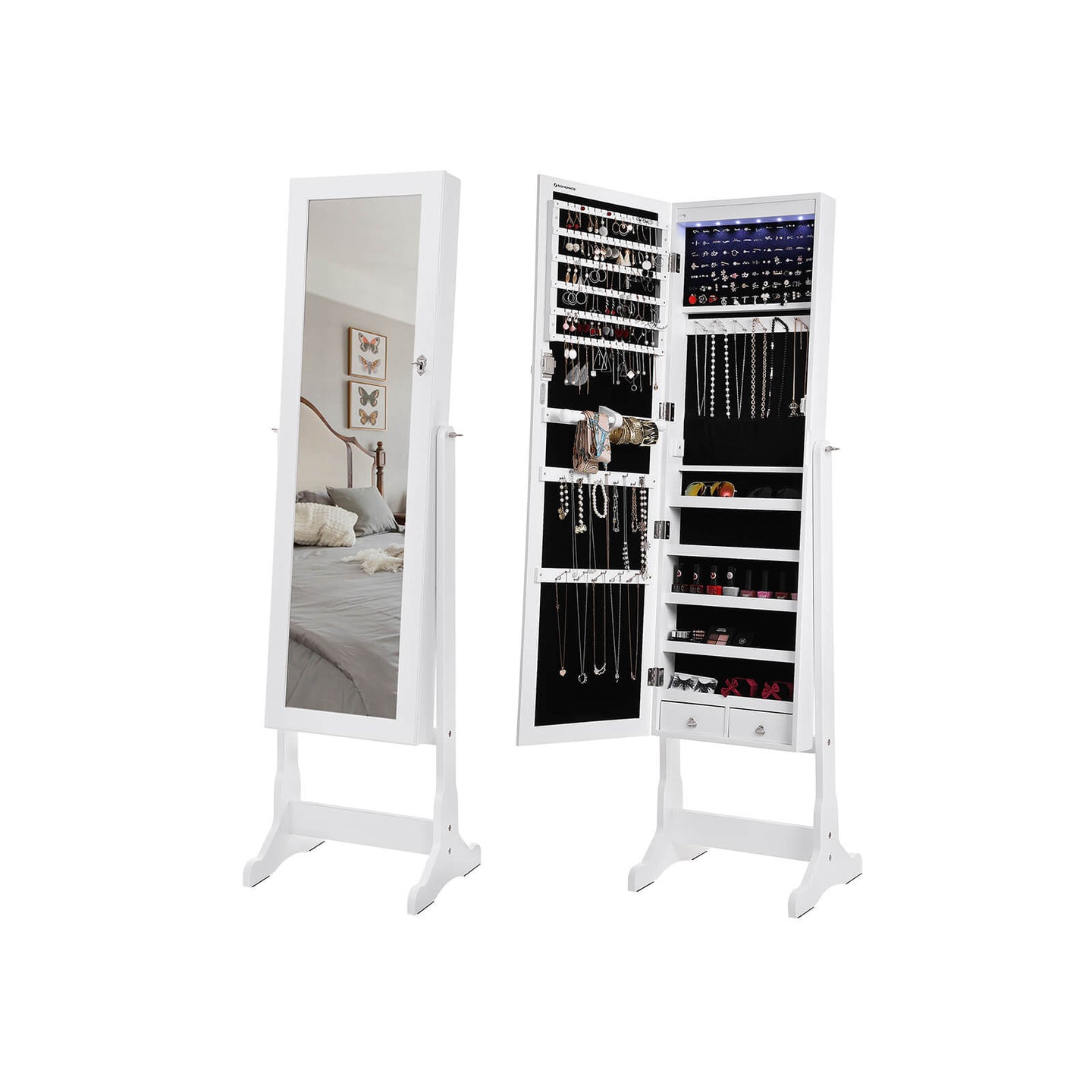 Jewellery Cabinet - Wood - White - LED Lighting with Lock and Storage Drawers