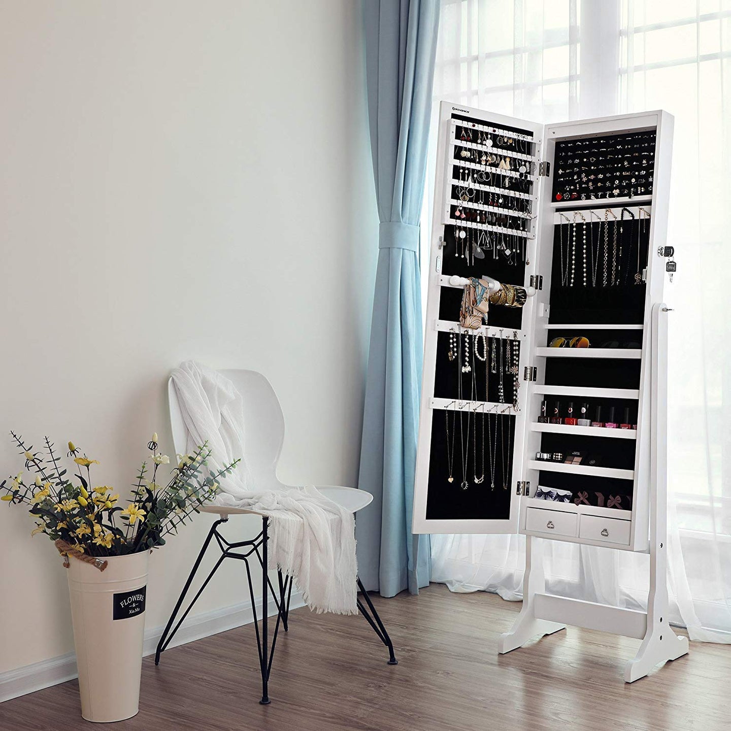 Jewellery Cabinet - Wood - White - LED Lighting with Lock and Storage Drawers