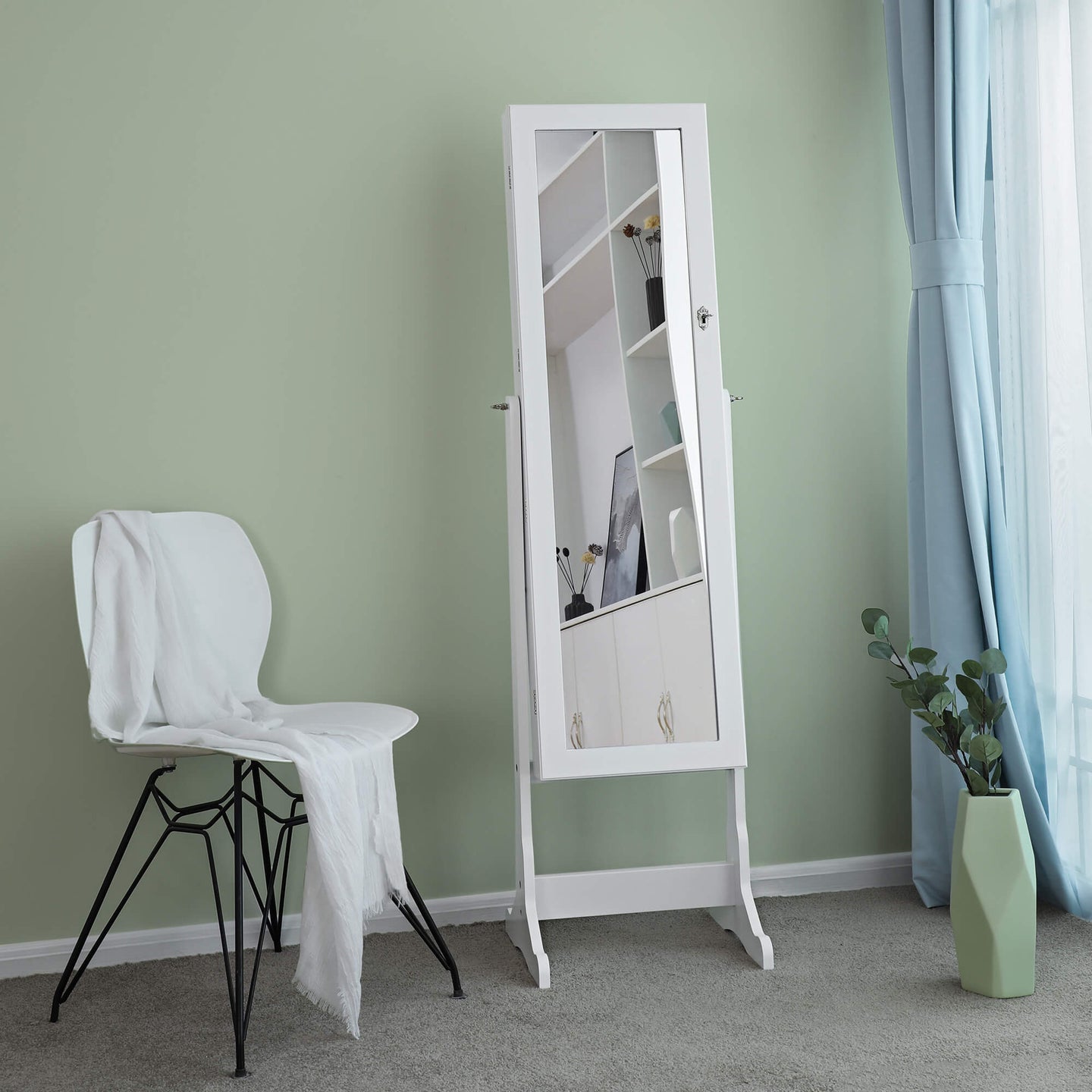Jewellery Cabinet - Wood - White - LED Lighting with Lock and Storage Drawers