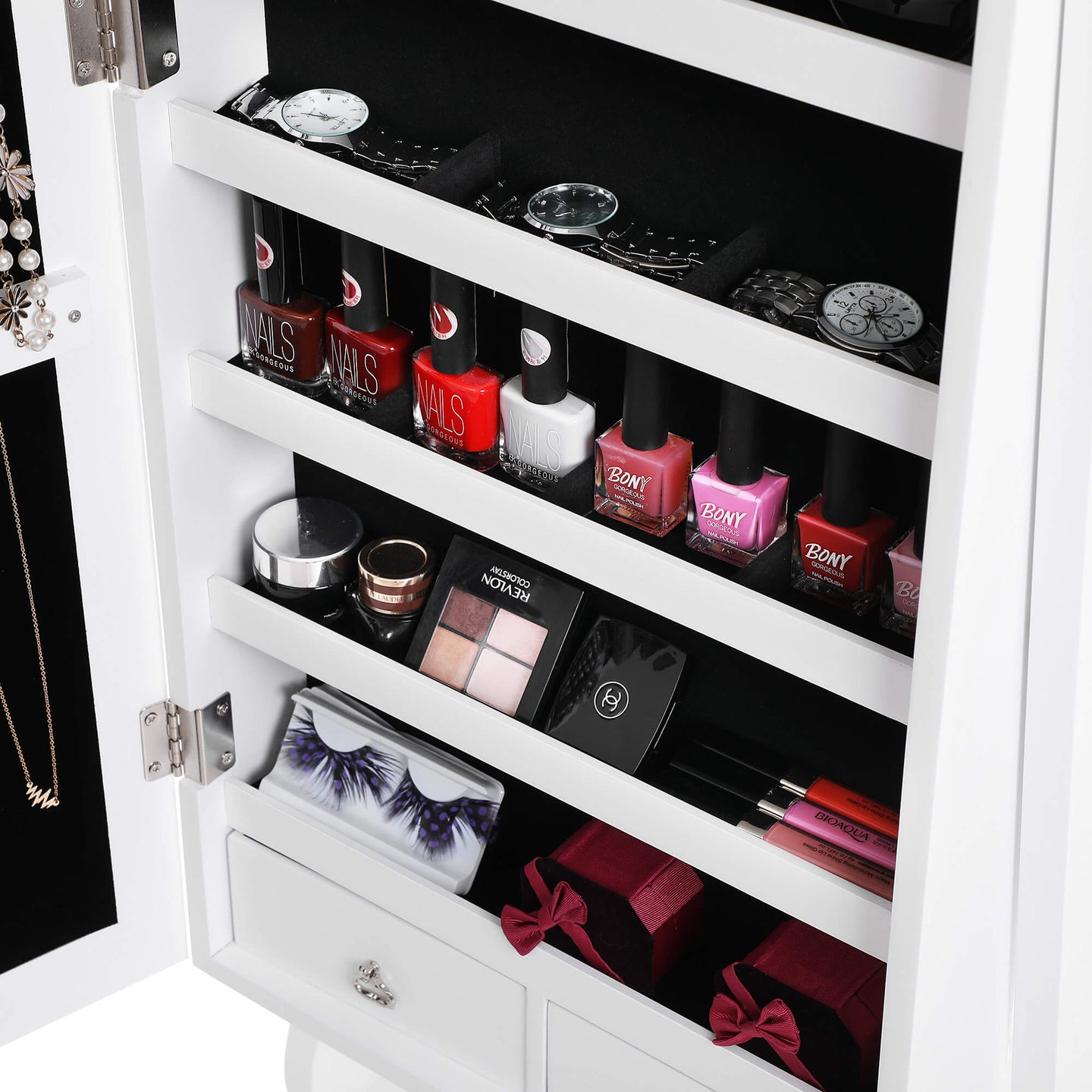 Jewellery Cabinet - Wood - White - LED Lighting with Lock and Storage Drawers