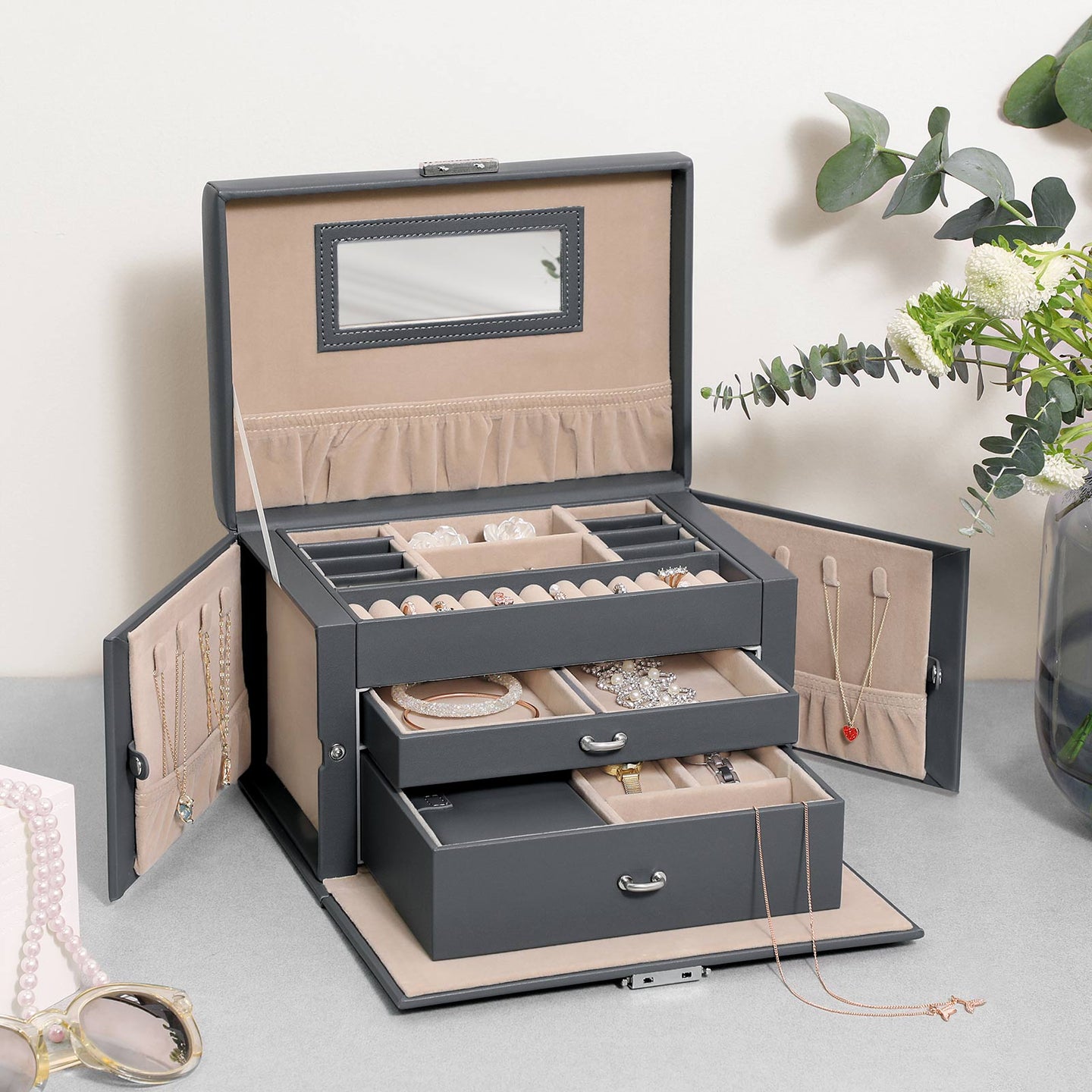 Jewelry Organizer Case - Velvet - Gray - Lockable with Mirror and 2 Drawers