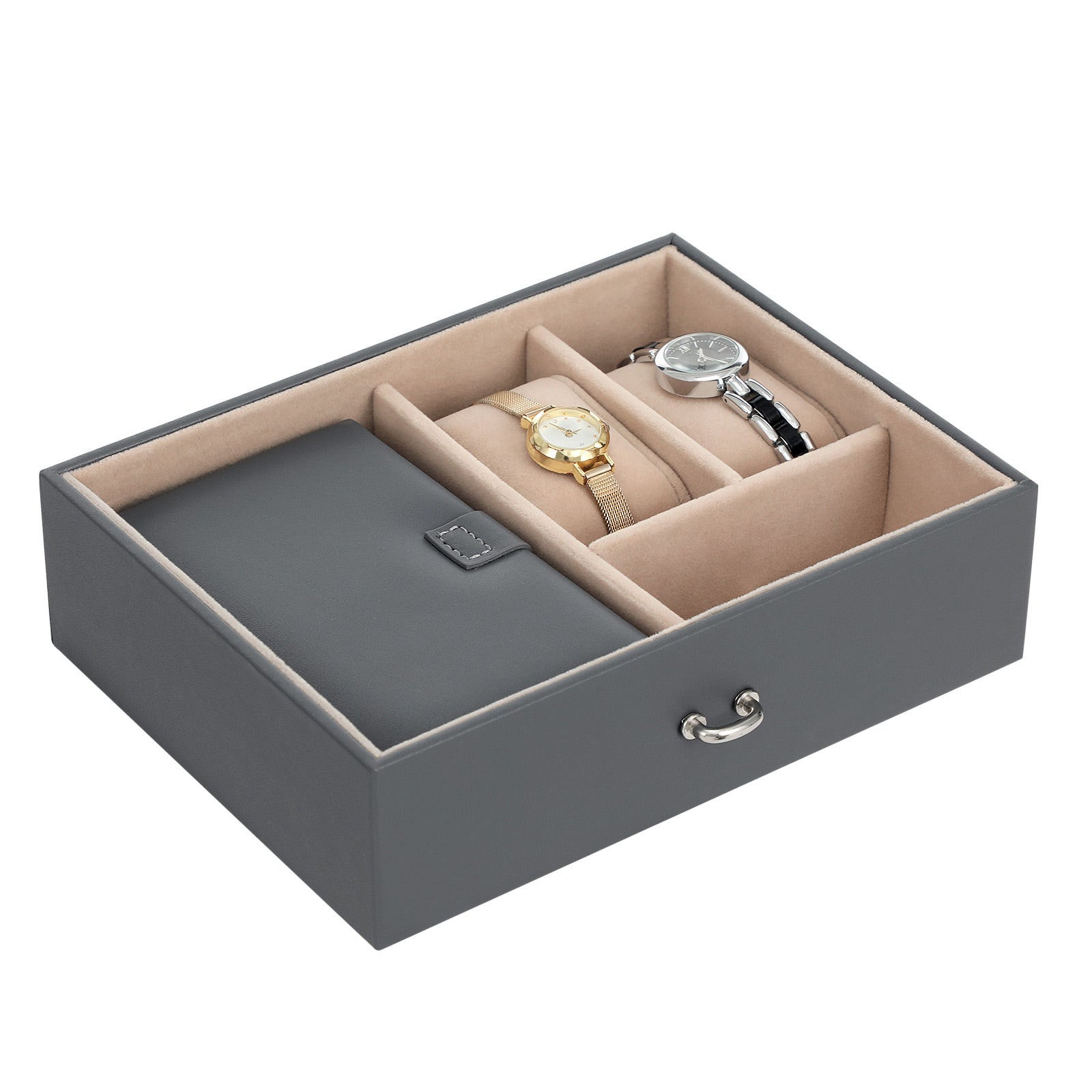 Jewelry Organizer Case - Velvet - Gray - Lockable with Mirror and 2 Drawers