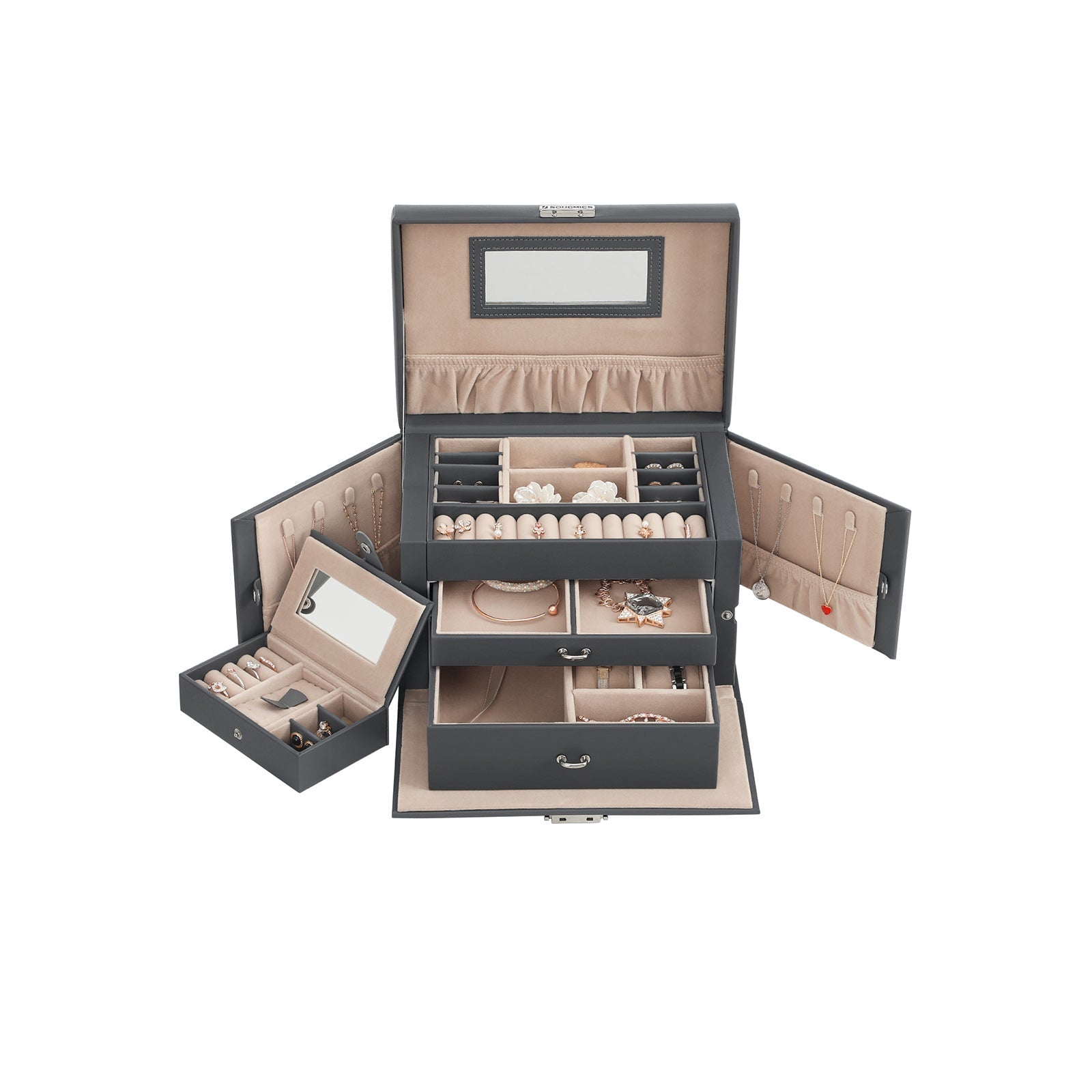 Jewelry Organizer Case - Velvet - Gray - Lockable with Mirror and 2 Drawers