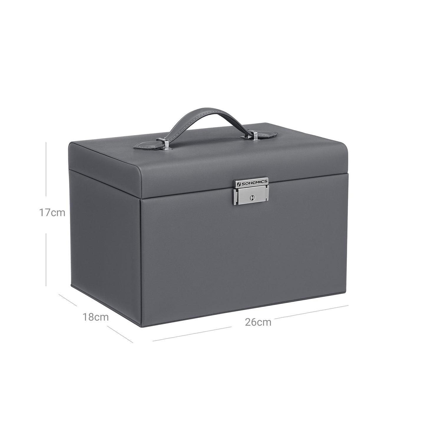 Jewelry Organizer Case - Velvet - Gray - Lockable with Mirror and 2 Drawers