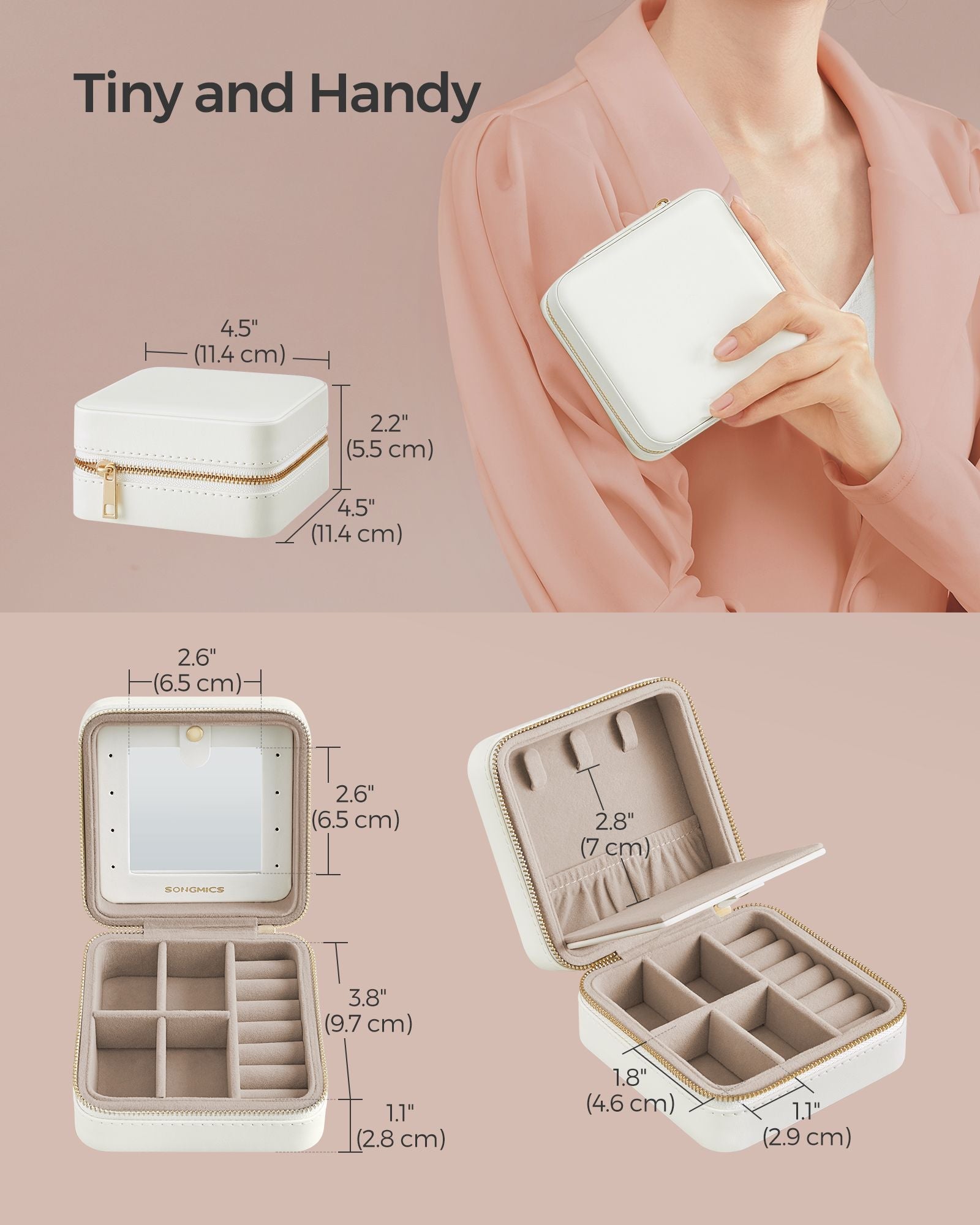 Travel Jewellery Box - 11.4 x 11.4 x 5.5 cm - PU Leather - Interior Mirror