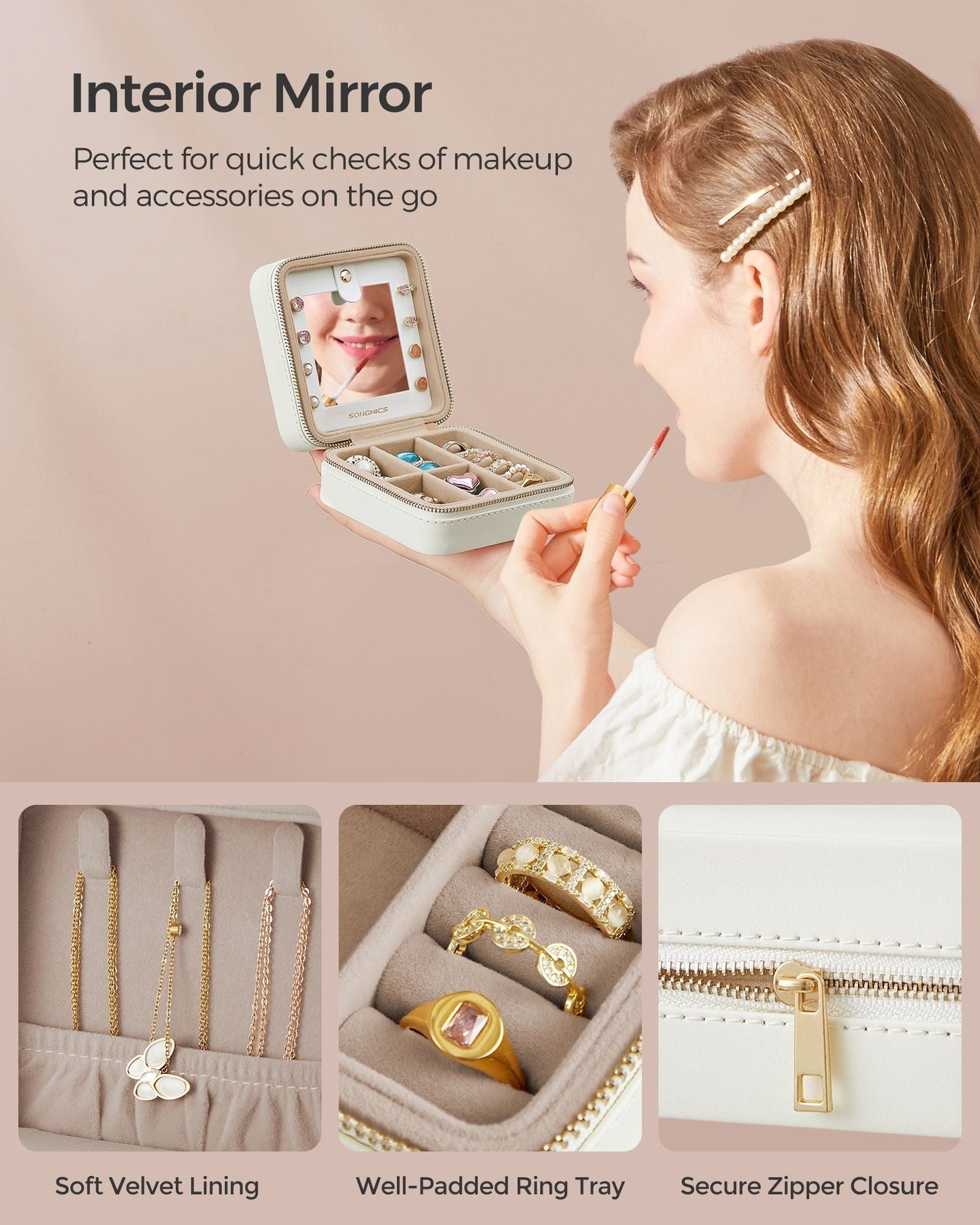 Travel Jewellery Box - 11.4 x 11.4 x 5.5 cm - PU Leather - Interior Mirror