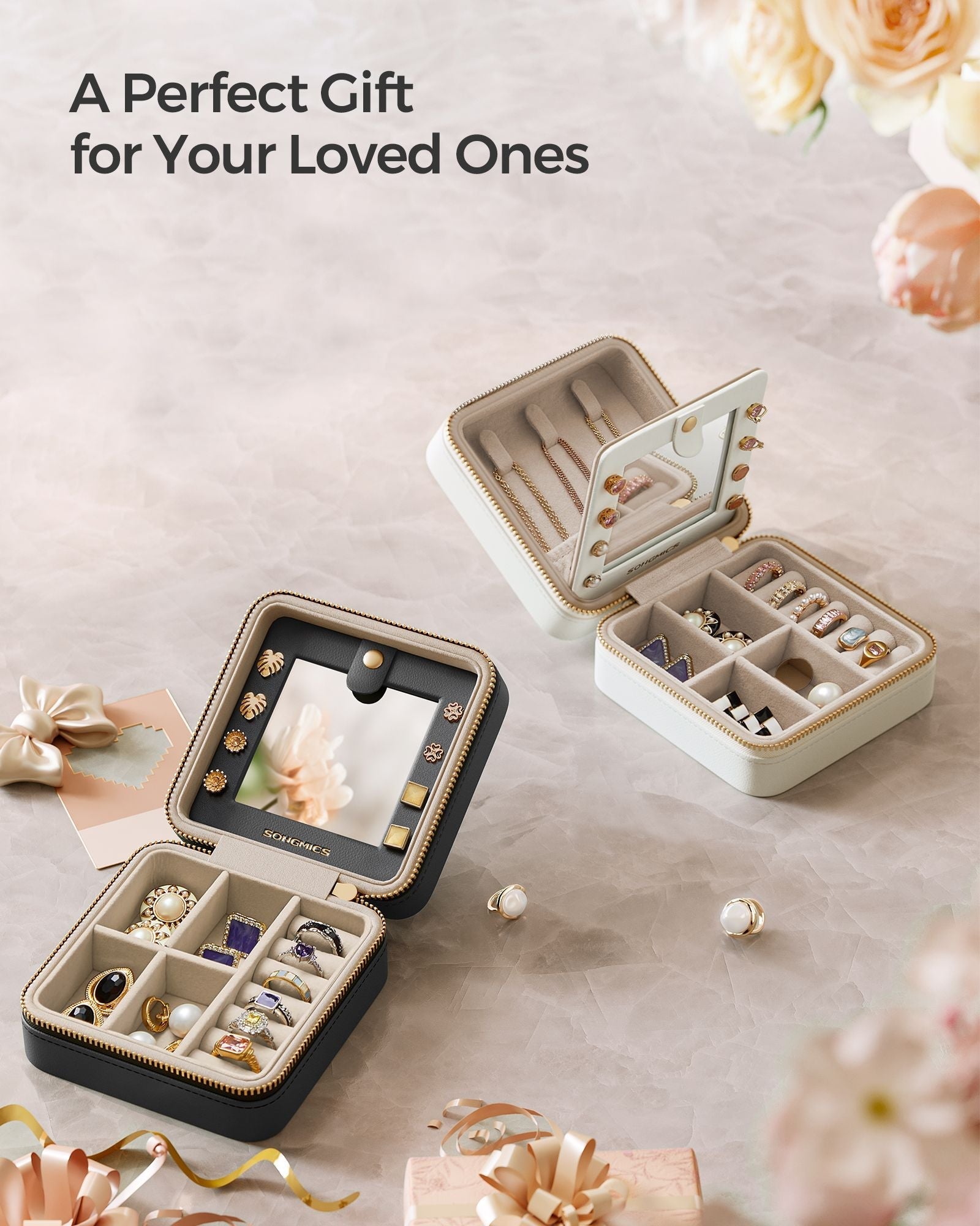 Travel Jewellery Box - 11.4 x 11.4 x 5.5 cm - PU Leather - Interior Mirror
