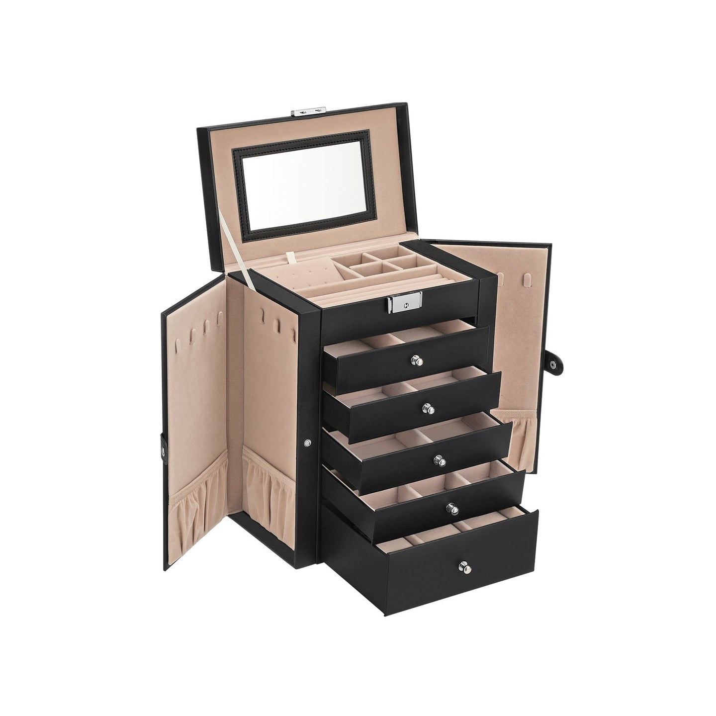 Large Jewellery Box - MDF - White - 6-Tier with Side Wings