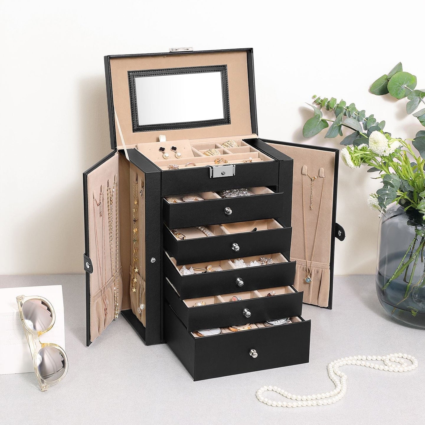 Large Jewellery Box - MDF - White - 6-Tier with Side Wings