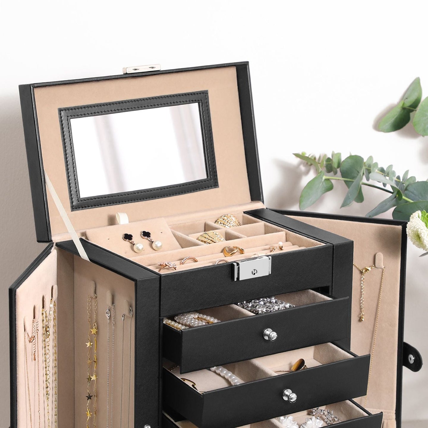 Large Jewellery Box - MDF - White - 6-Tier with Side Wings