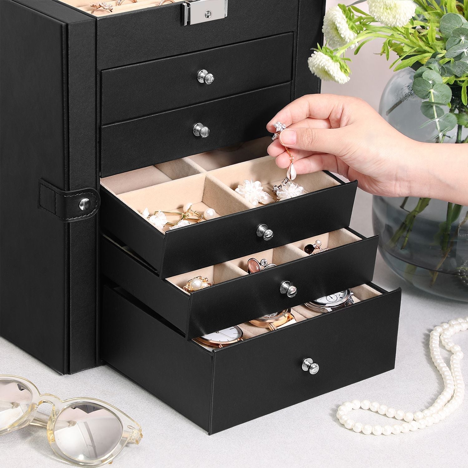 Large Jewellery Box - MDF - White - 6-Tier with Side Wings
