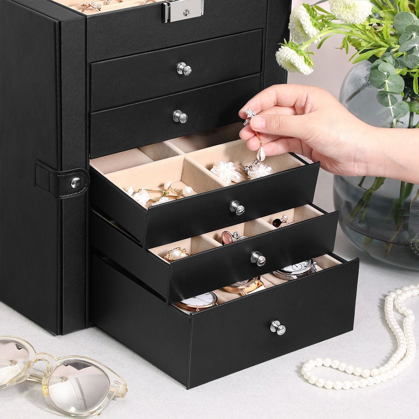 Large Jewellery Box - MDF - White - 6-Tier with Side Wings