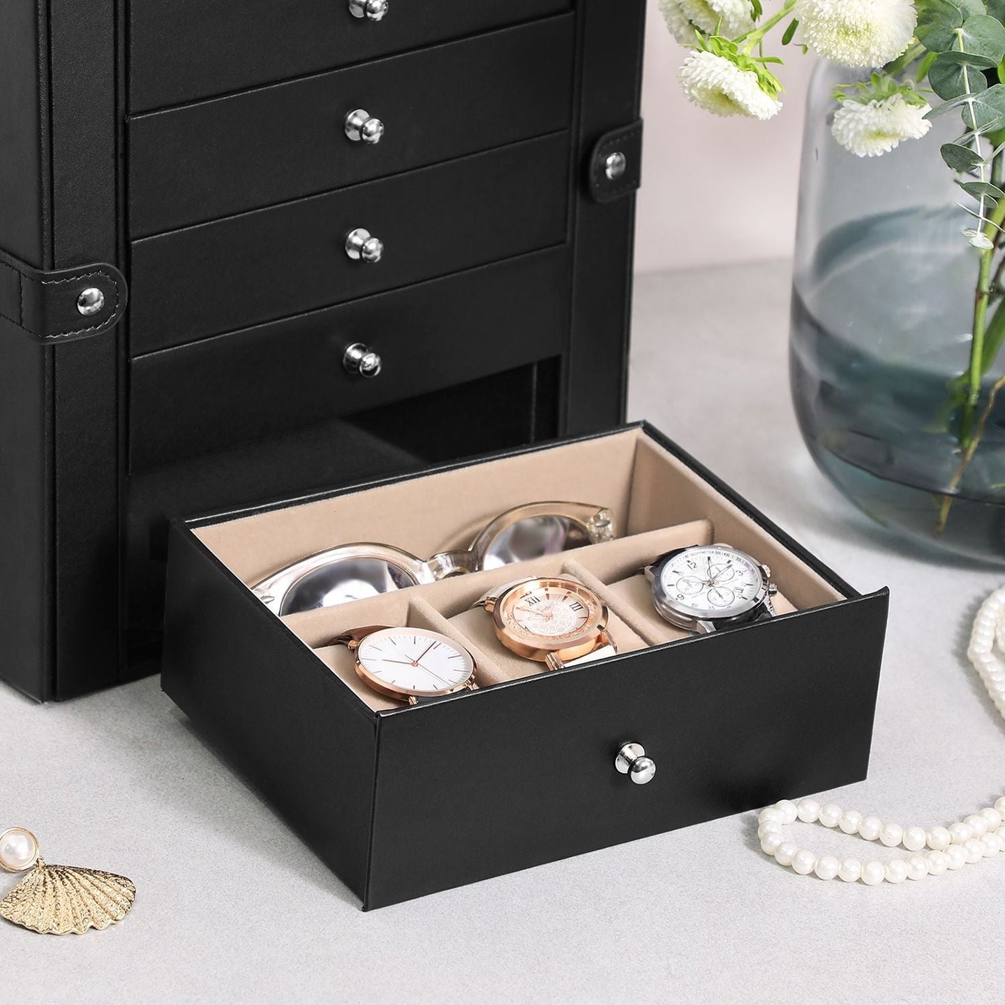 Large Jewellery Box - MDF - White - 6-Tier with Side Wings