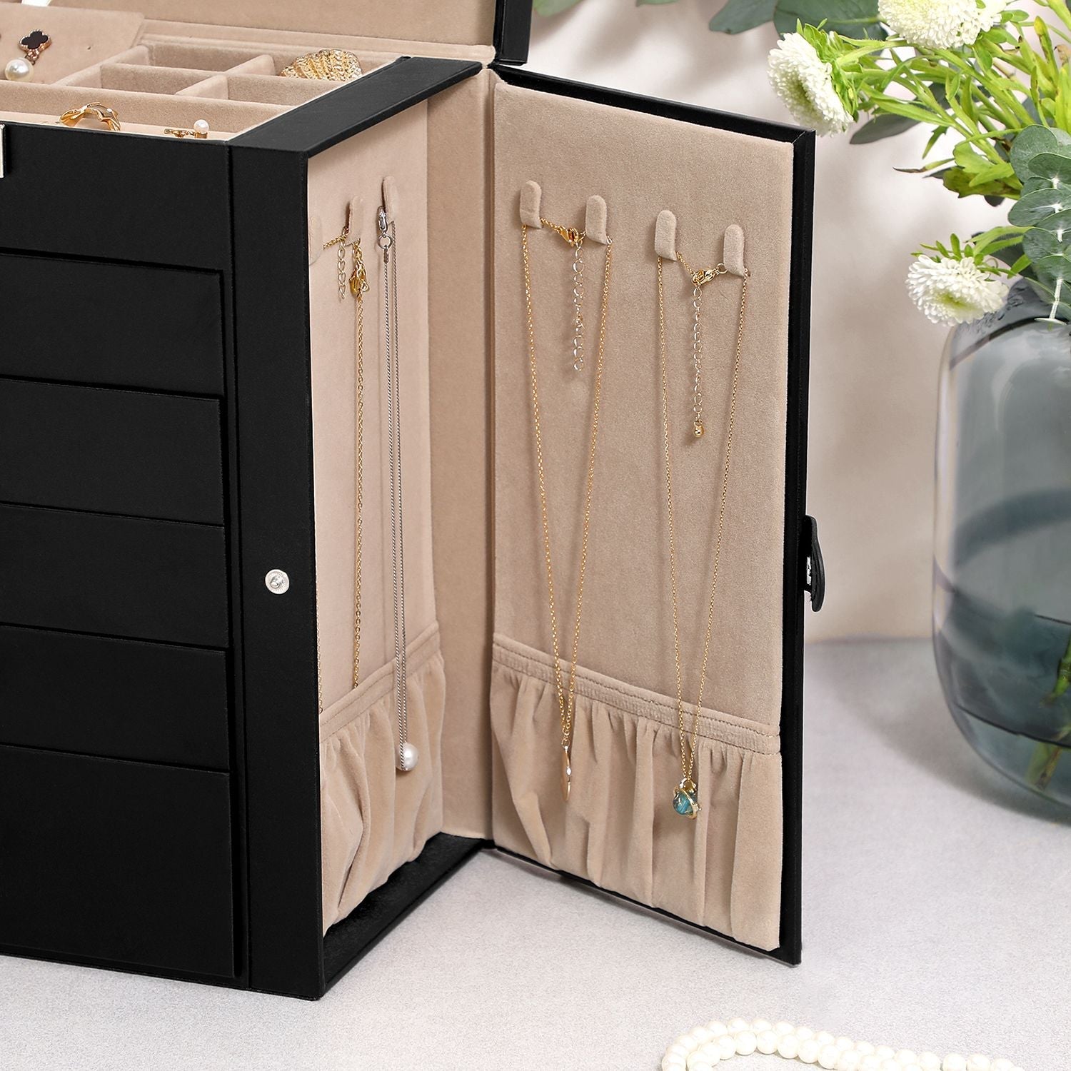 Large Jewellery Box - MDF - White - 6-Tier with Side Wings