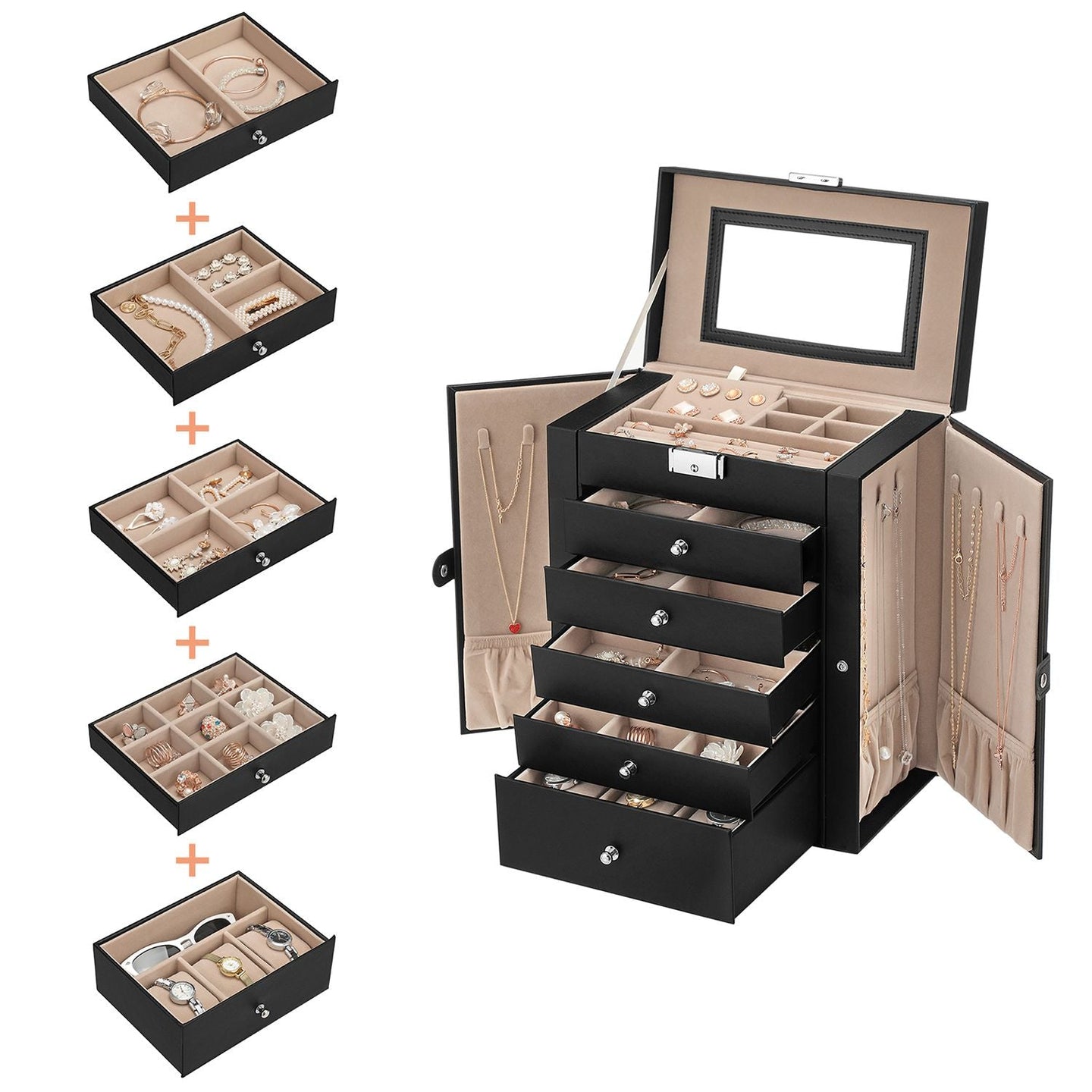 Large Jewellery Box - MDF - White - 6-Tier with Side Wings