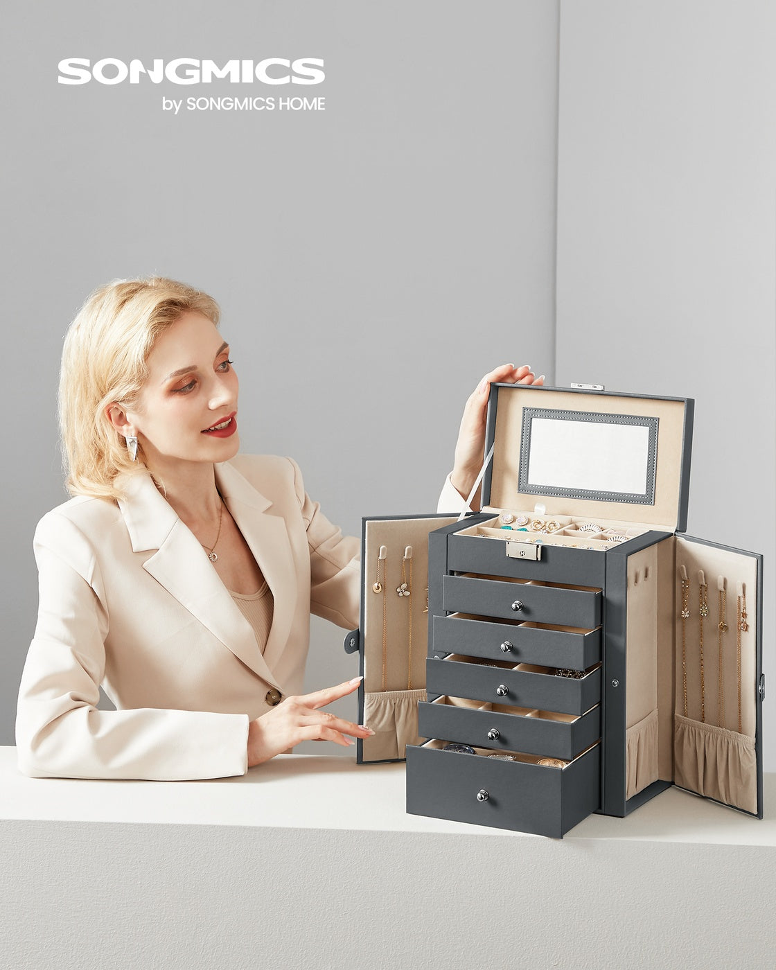 6 Tiers Jewellery Box - PU and MDF - Grey