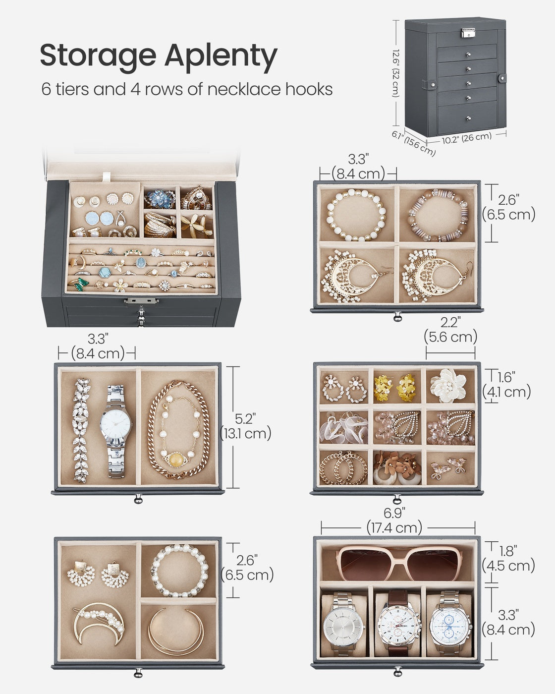 6 Tiers Jewellery Box - PU and MDF - Grey