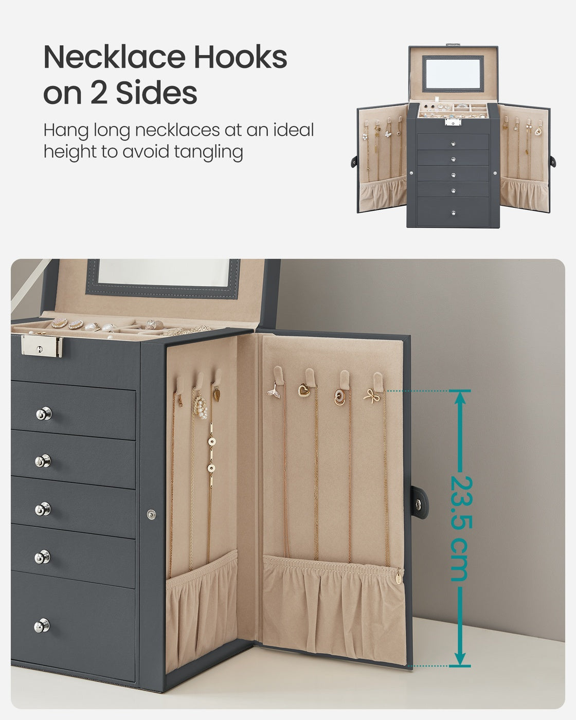 6 Tiers Jewellery Box - PU and MDF - Grey