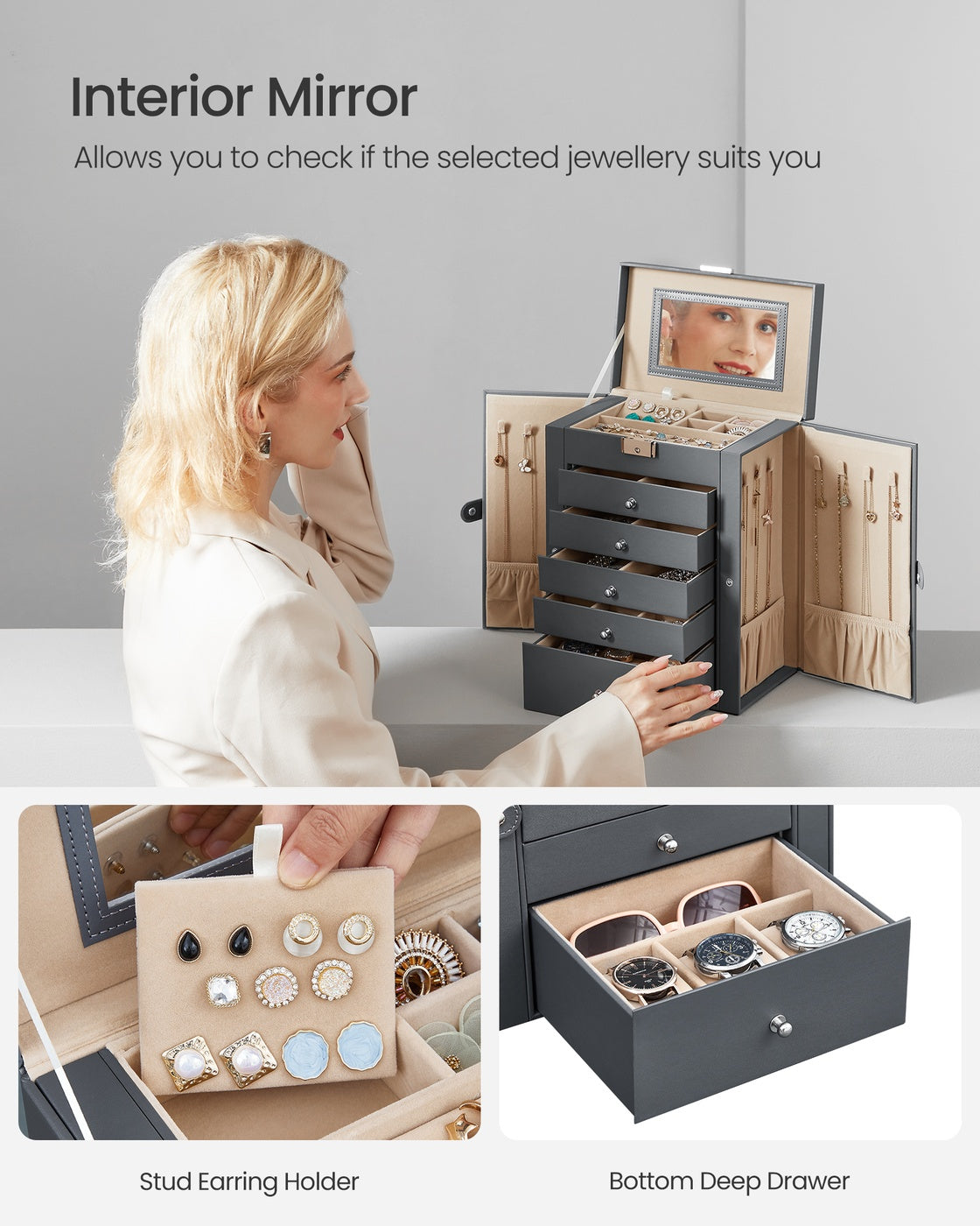 6 Tiers Jewellery Box - PU and MDF - Grey