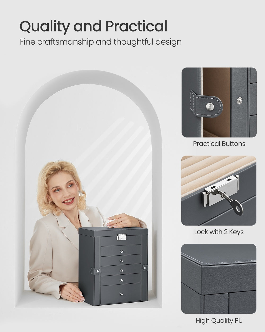 6 Tiers Jewellery Box - PU and MDF - Grey