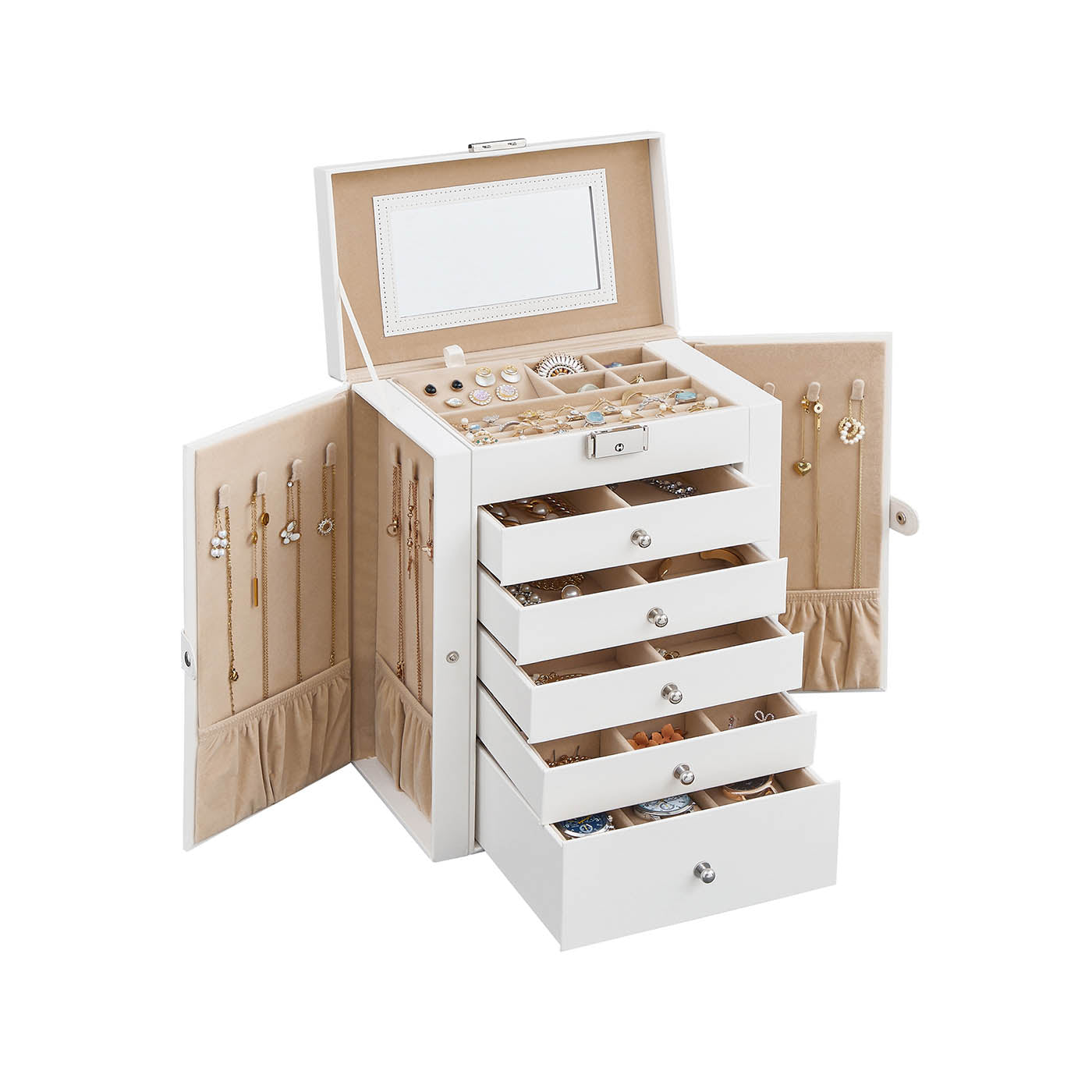 6-Tier Jewellery Box - Wood - White - With Side Wings